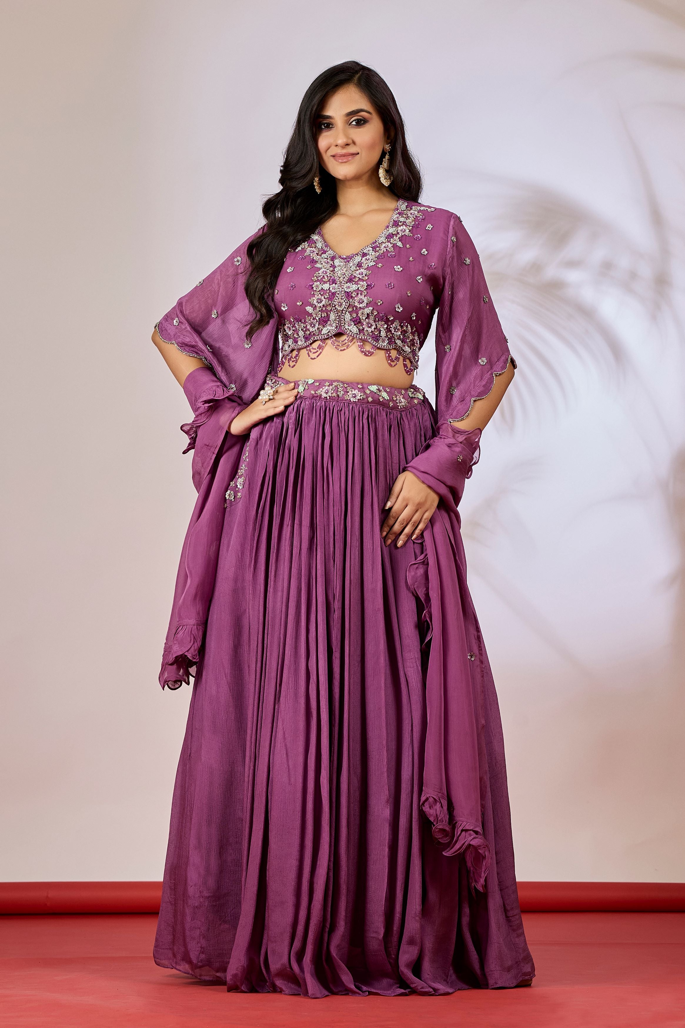 Mauve Embellished Chinon Silk Lehenga Set