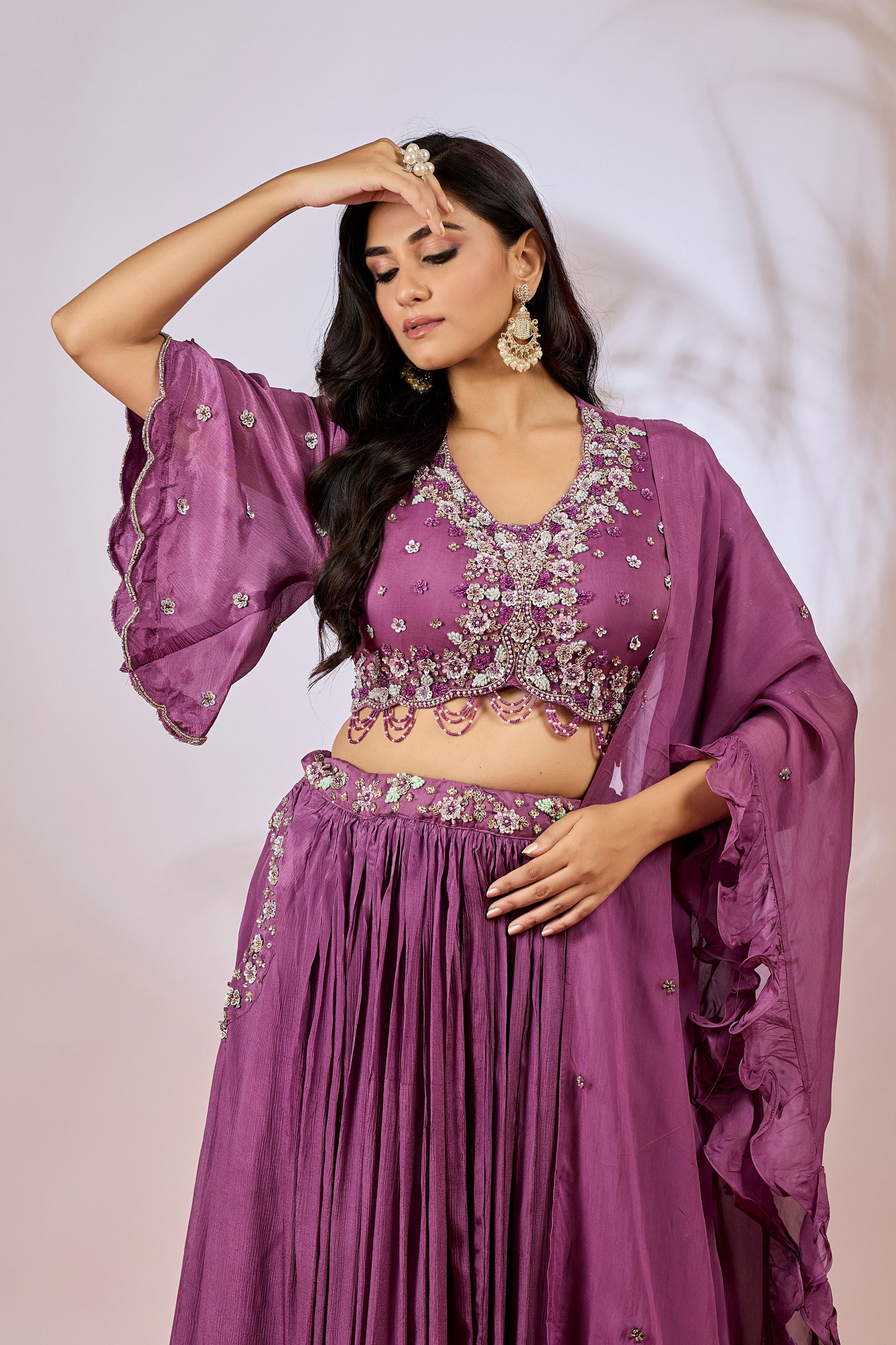 Mauve Embellished Chinon Silk Lehenga Set