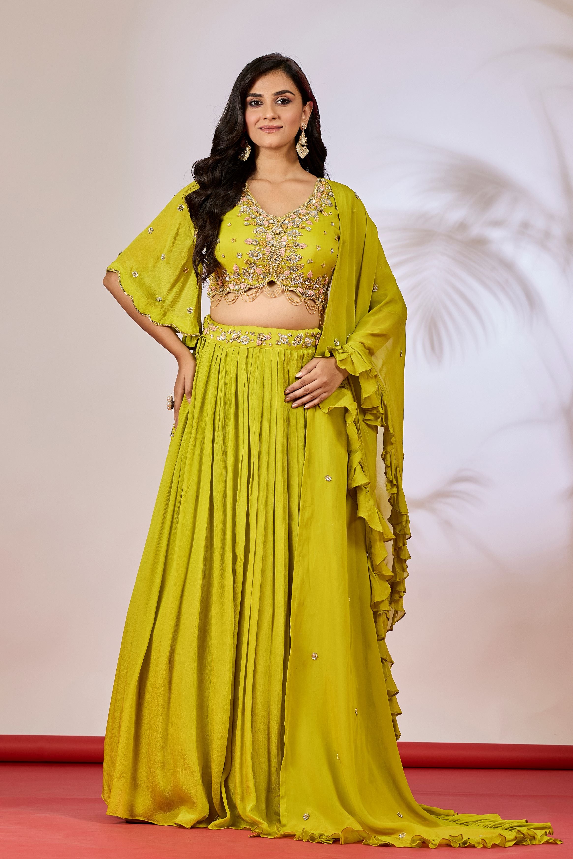 Pear Green Embellished Chinon Silk Lehenga Set