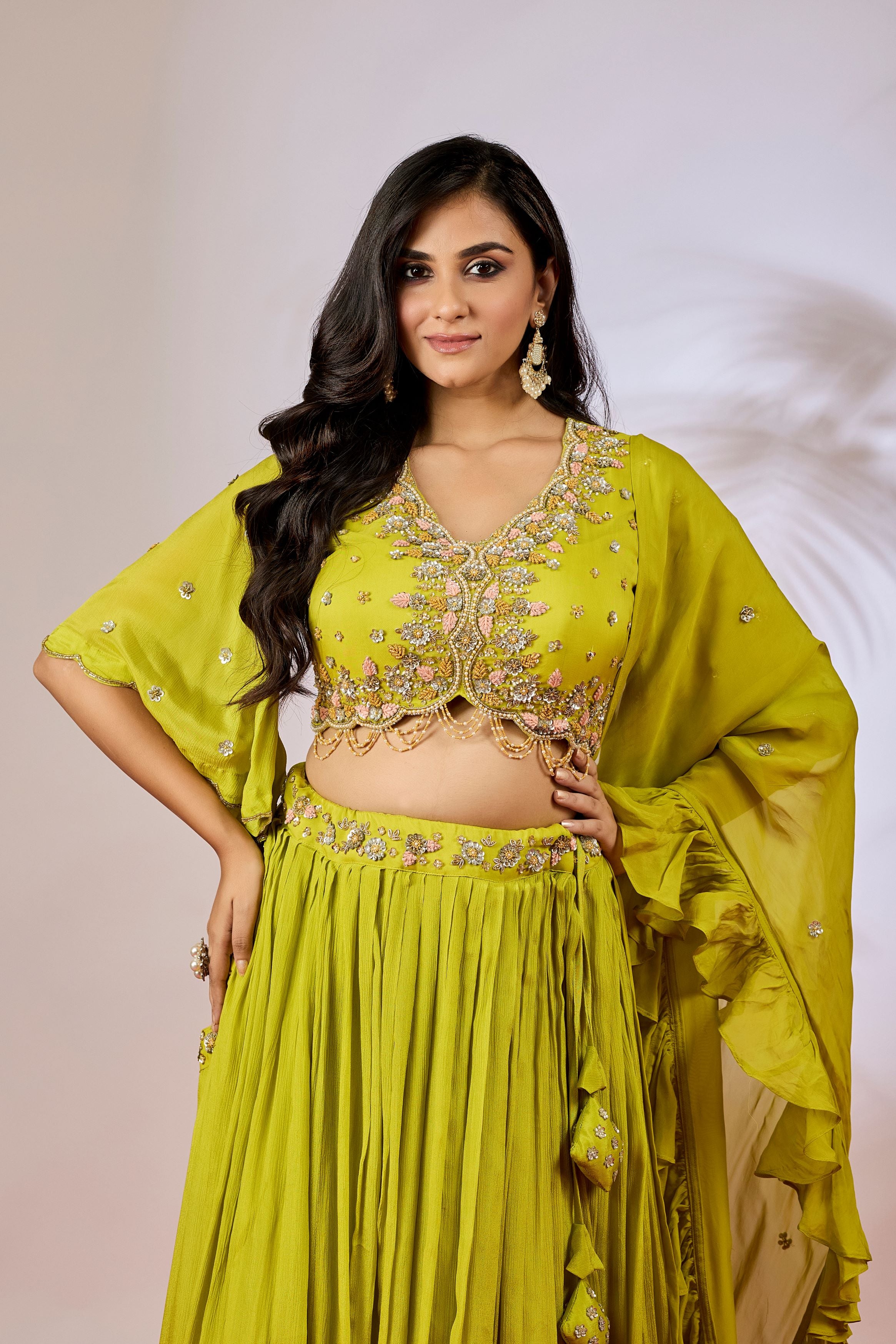 Pear Green Embellished Chinon Silk Lehenga Set