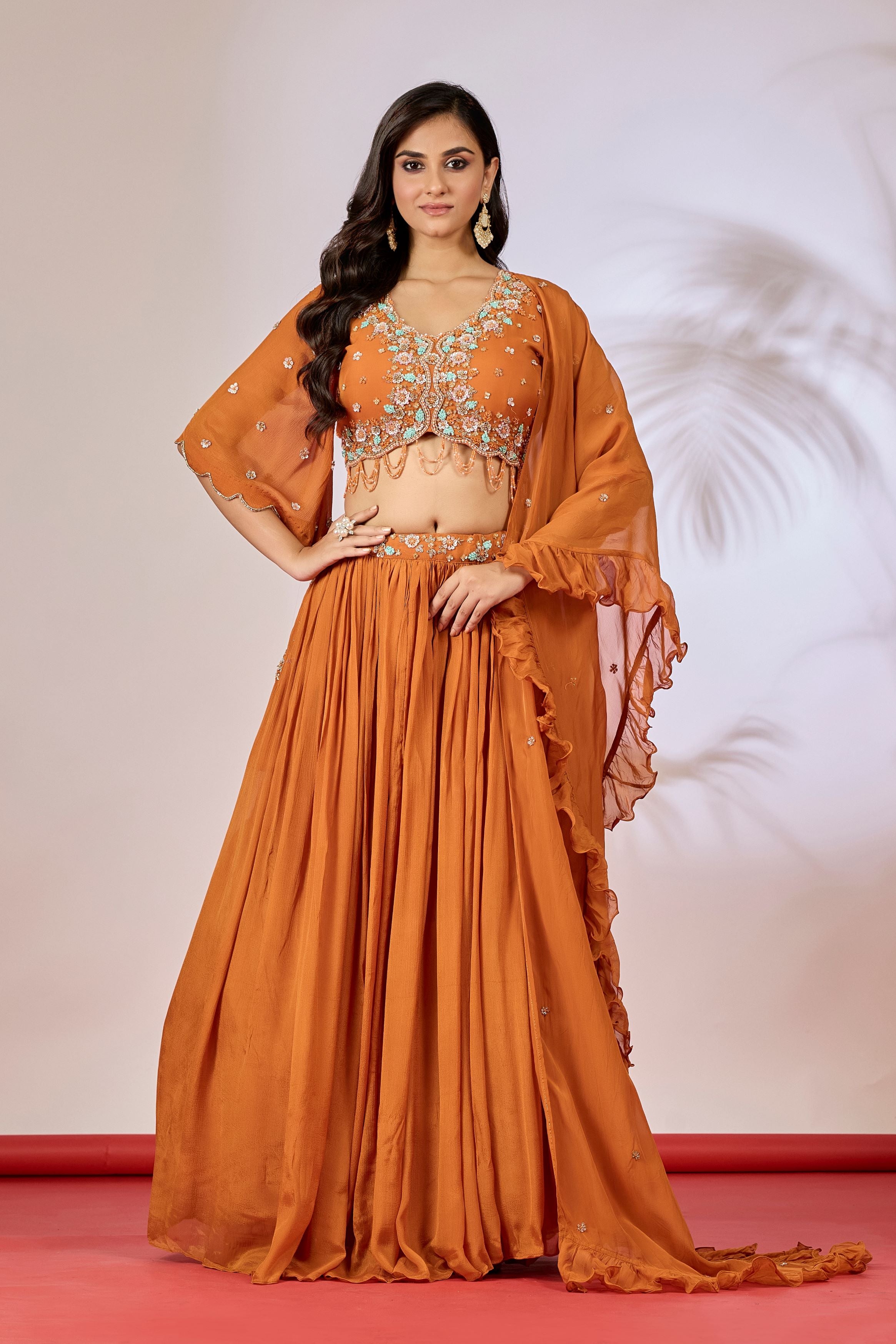 Deep Orange Embellished Chinon Silk Lehenga Set