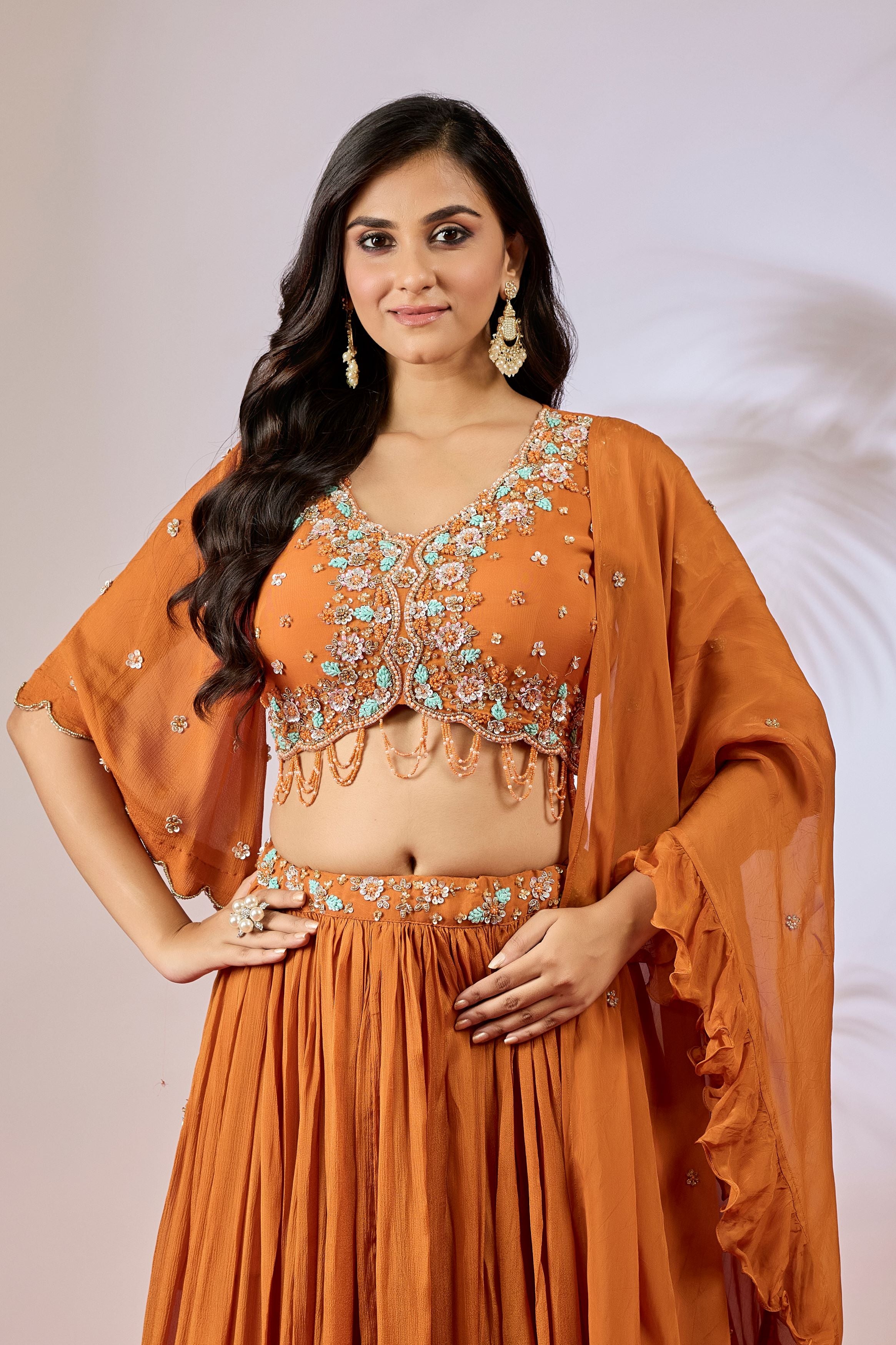 Deep Orange Embellished Chinon Silk Lehenga Set