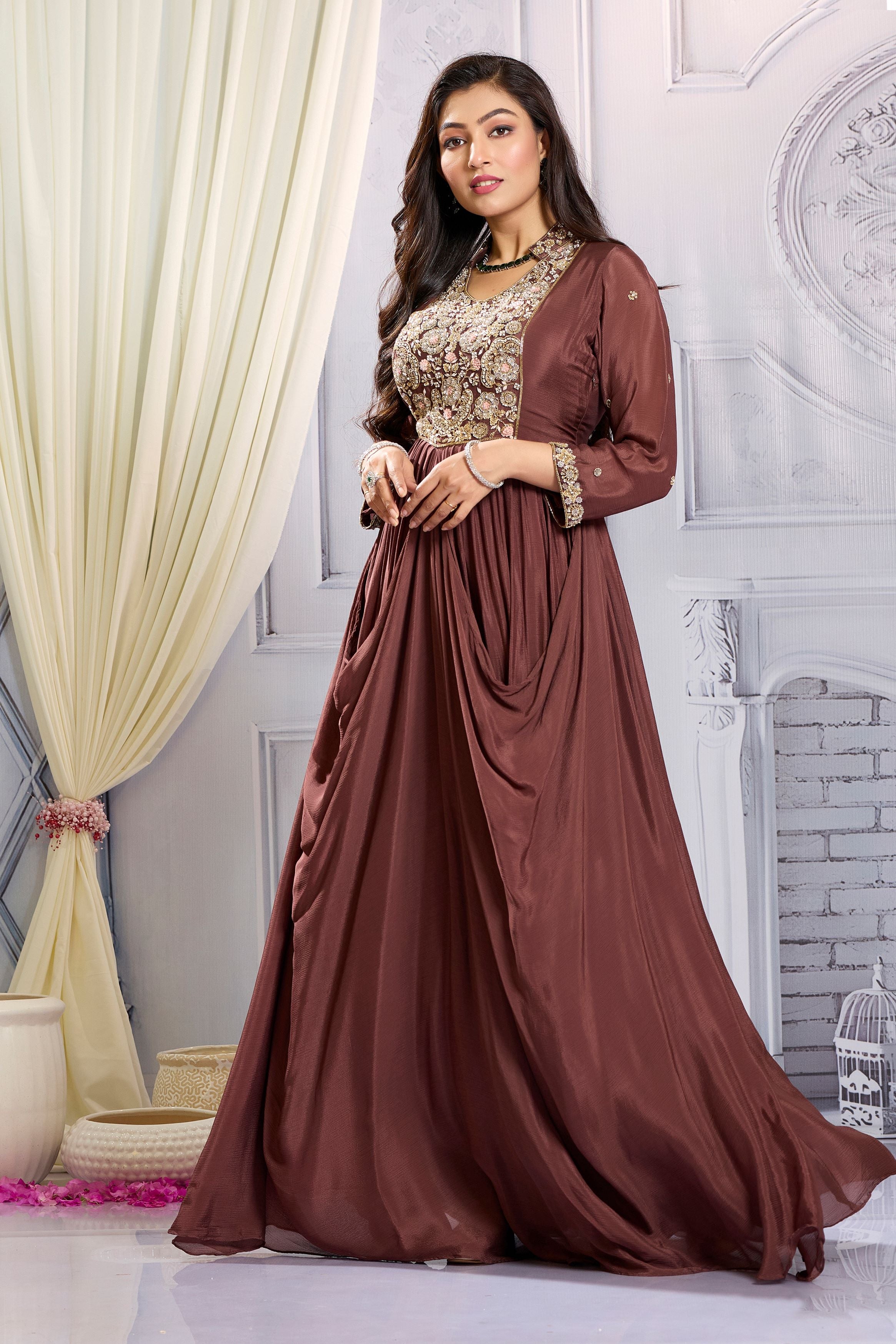 Brown Embellished Chinon Silk Draped Gown