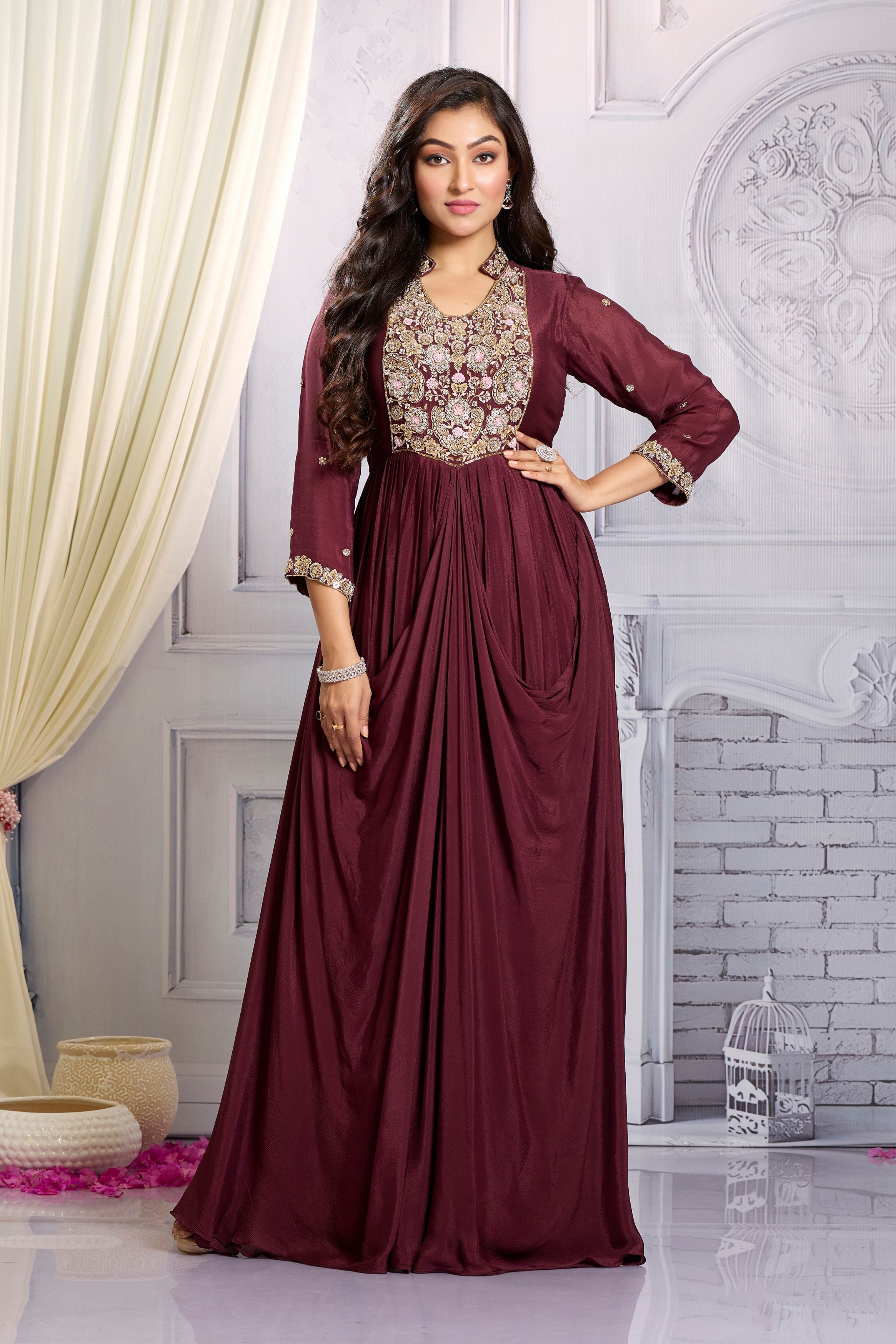 Burgundy Embellished Chinon Silk Draped Gown