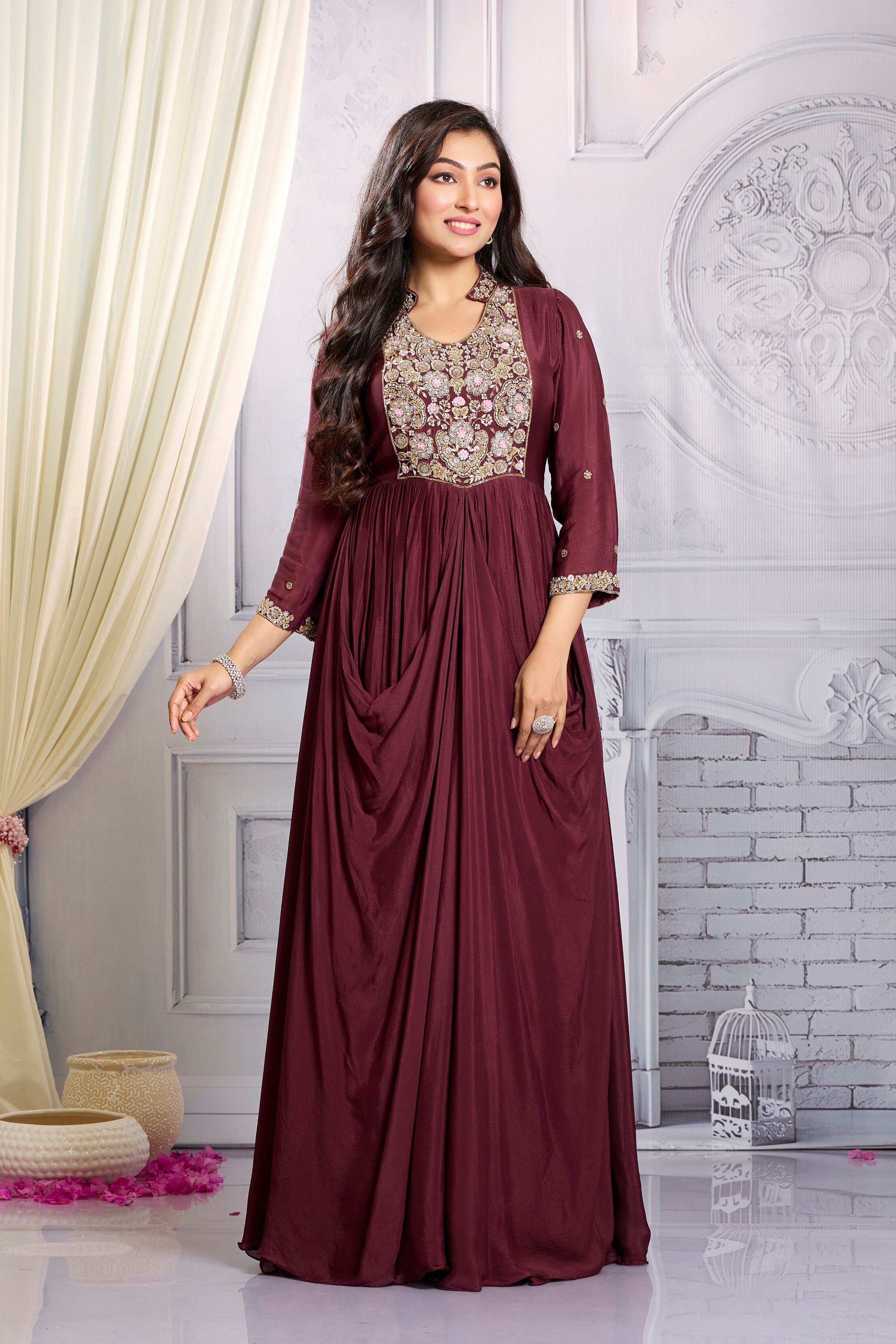 Burgundy Embellished Chinon Silk Draped Gown