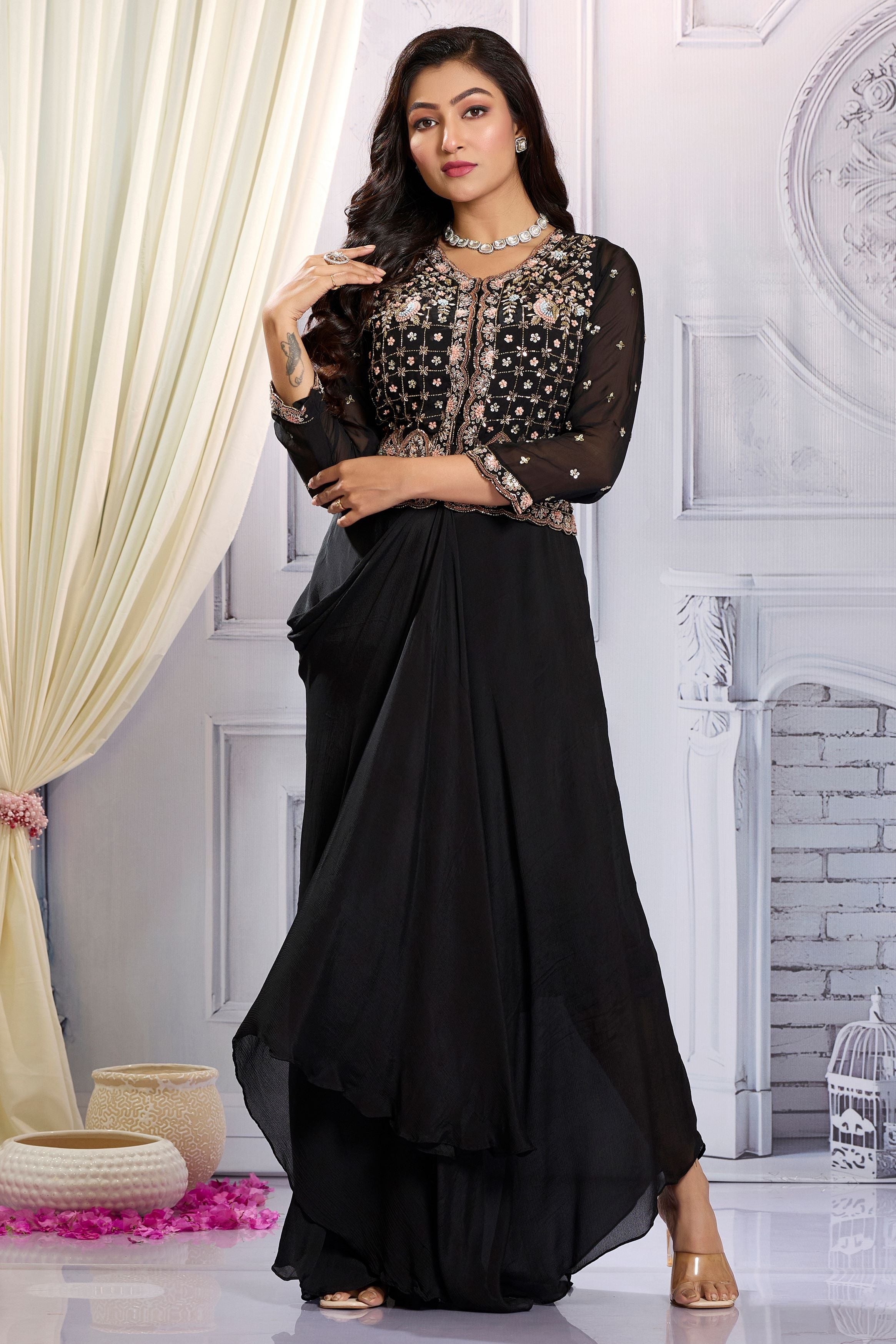 Black Embellished Chinon Silk Draped Gown