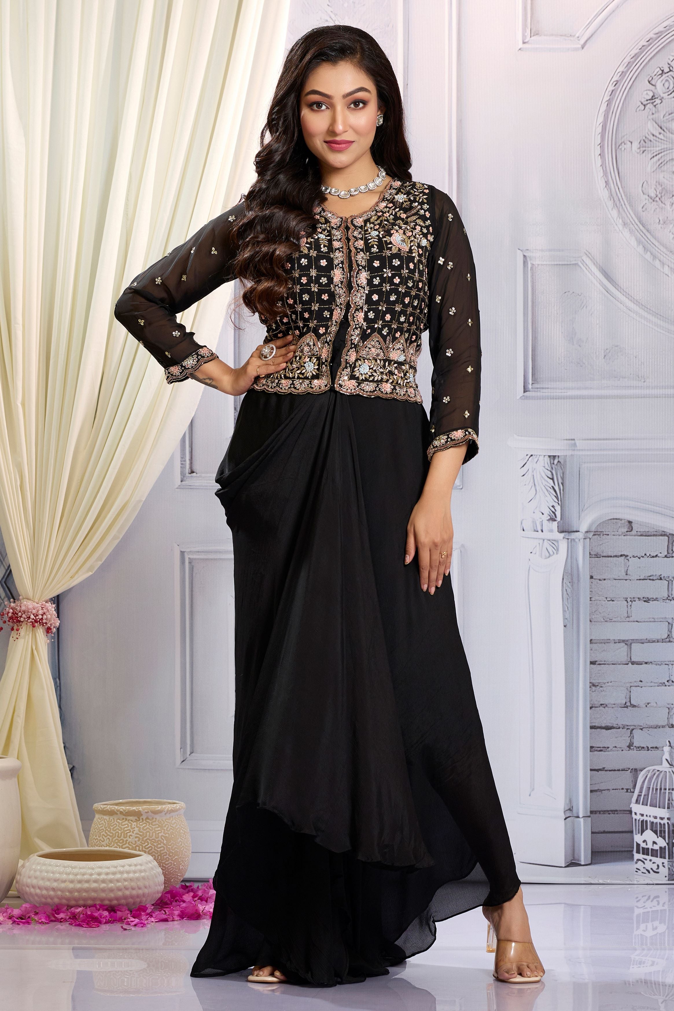 Black Embellished Chinon Silk Draped Gown