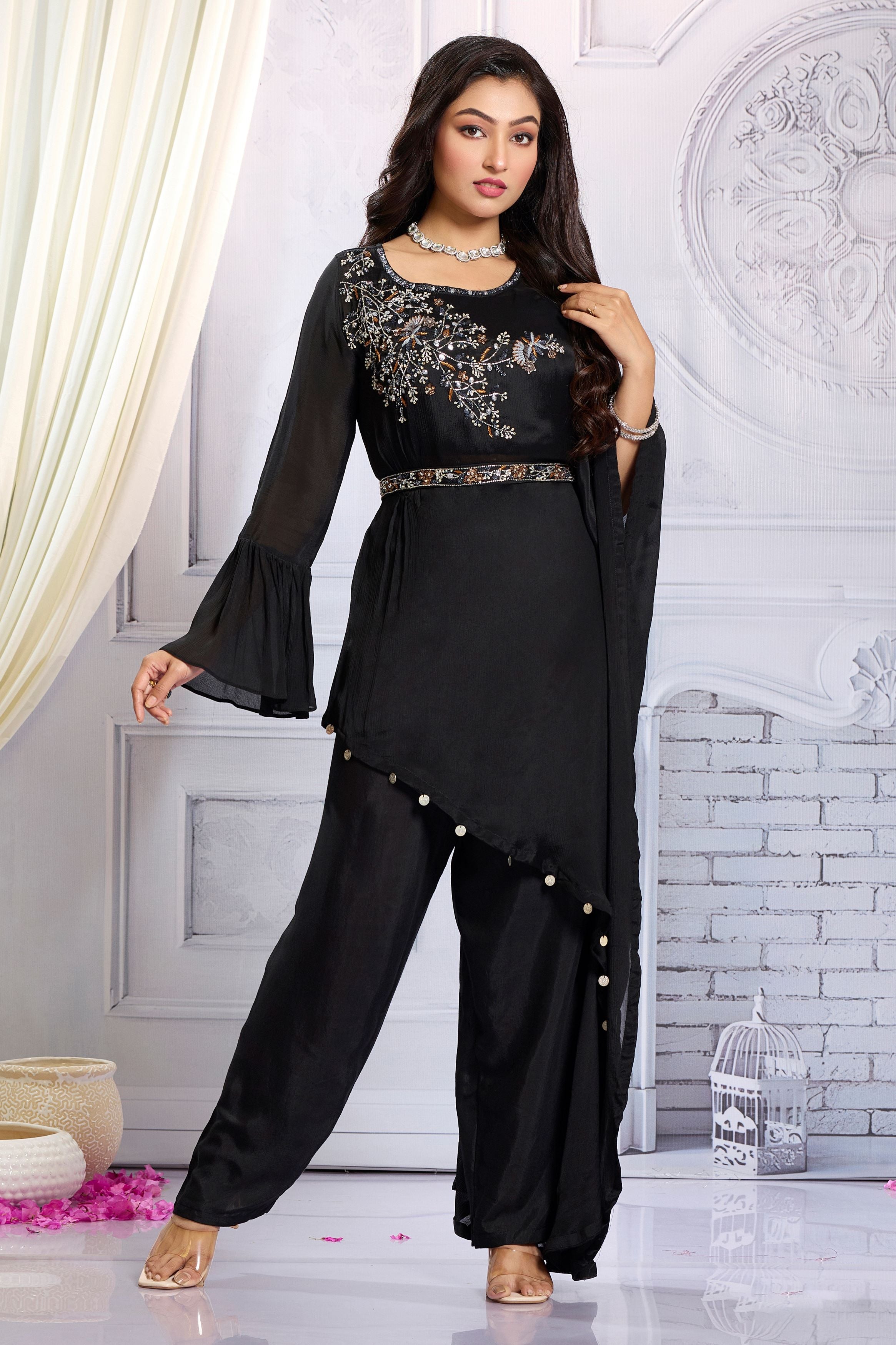 Black Embellished Chinon Silk Co-Ord Set