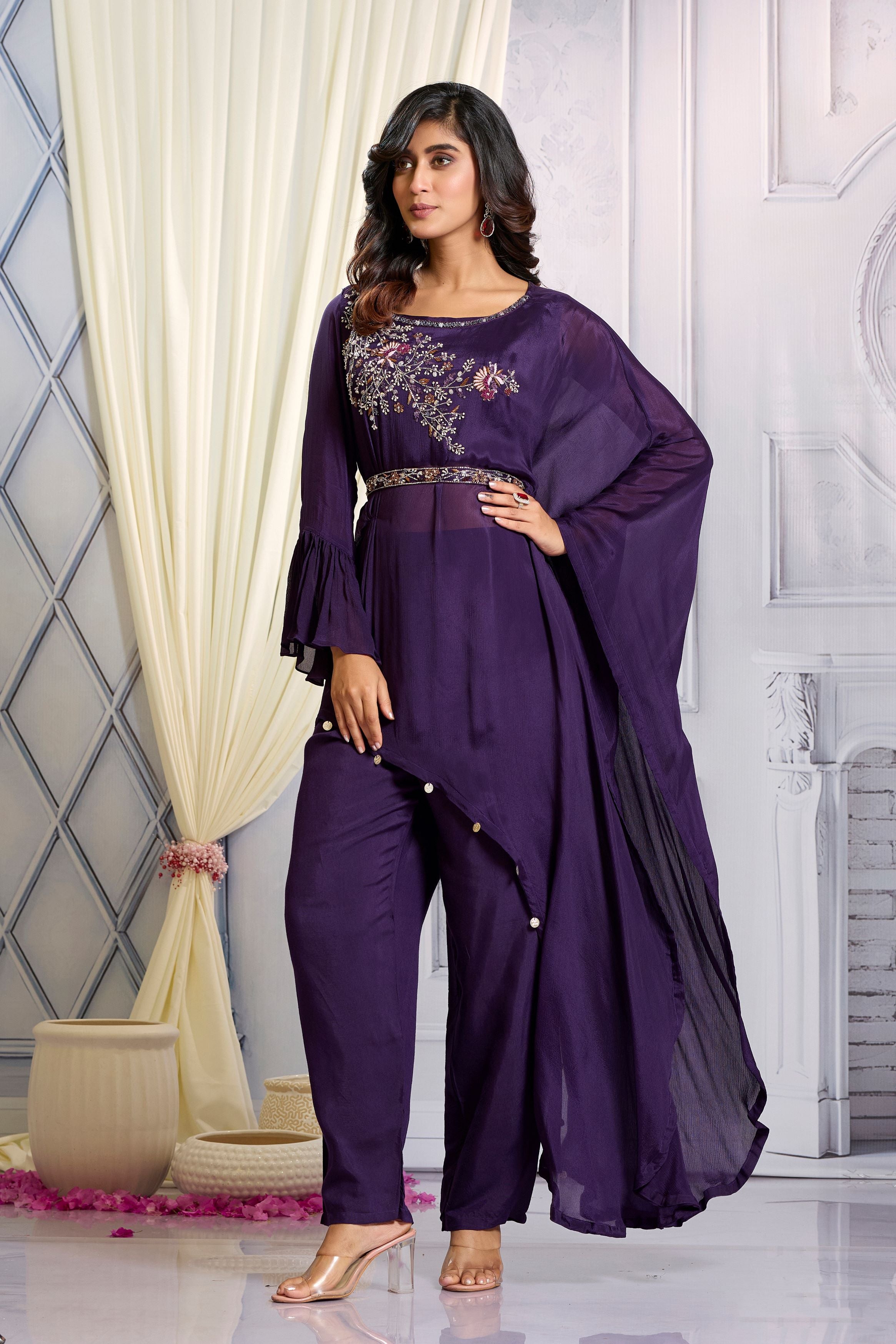 Purple Embellished Chinon Silk Co-Ord Set