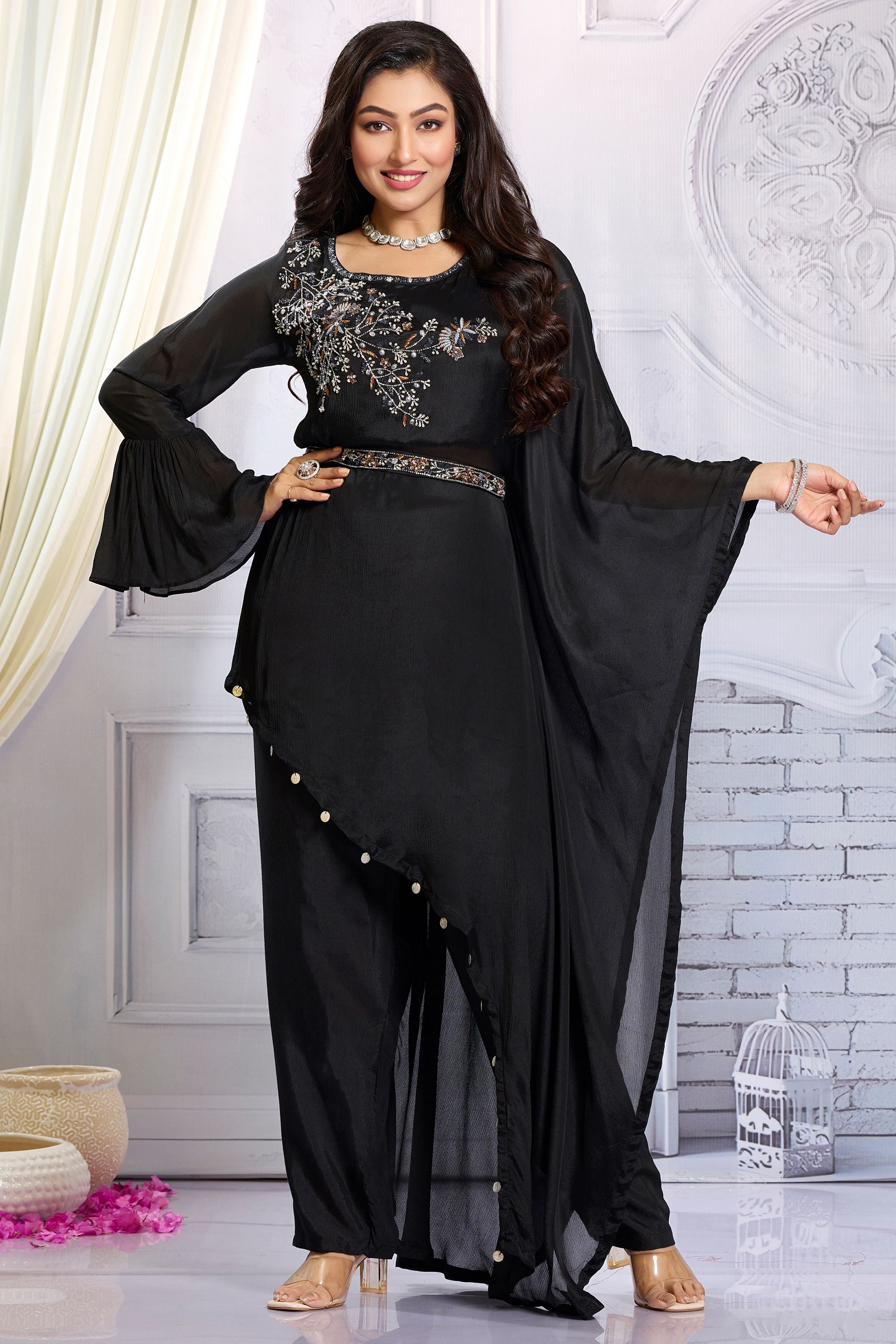 Black Embellished Chinon Silk Co-Ord Set