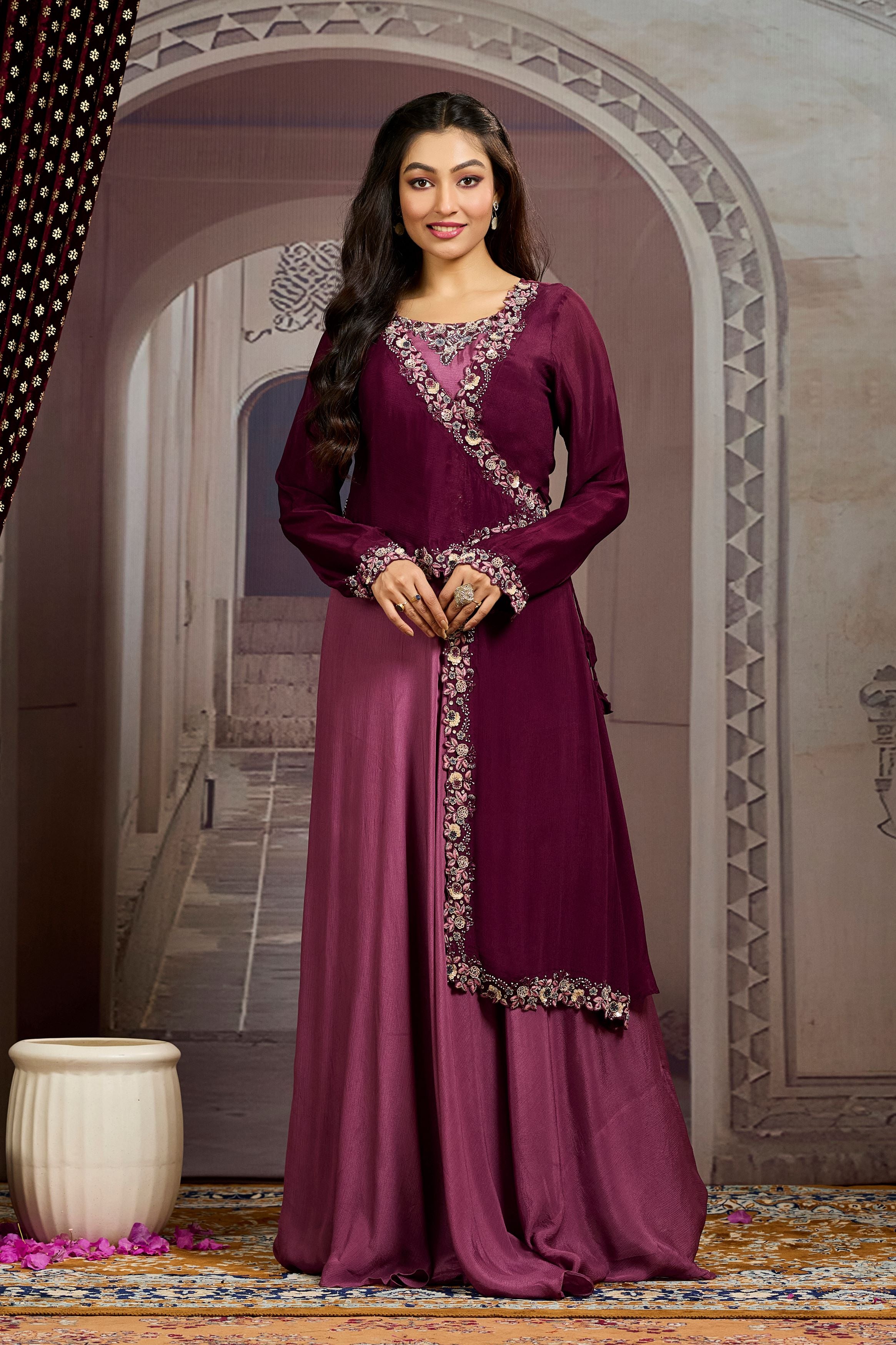 Deep Burgundy Embellished Chinon Silk Gown