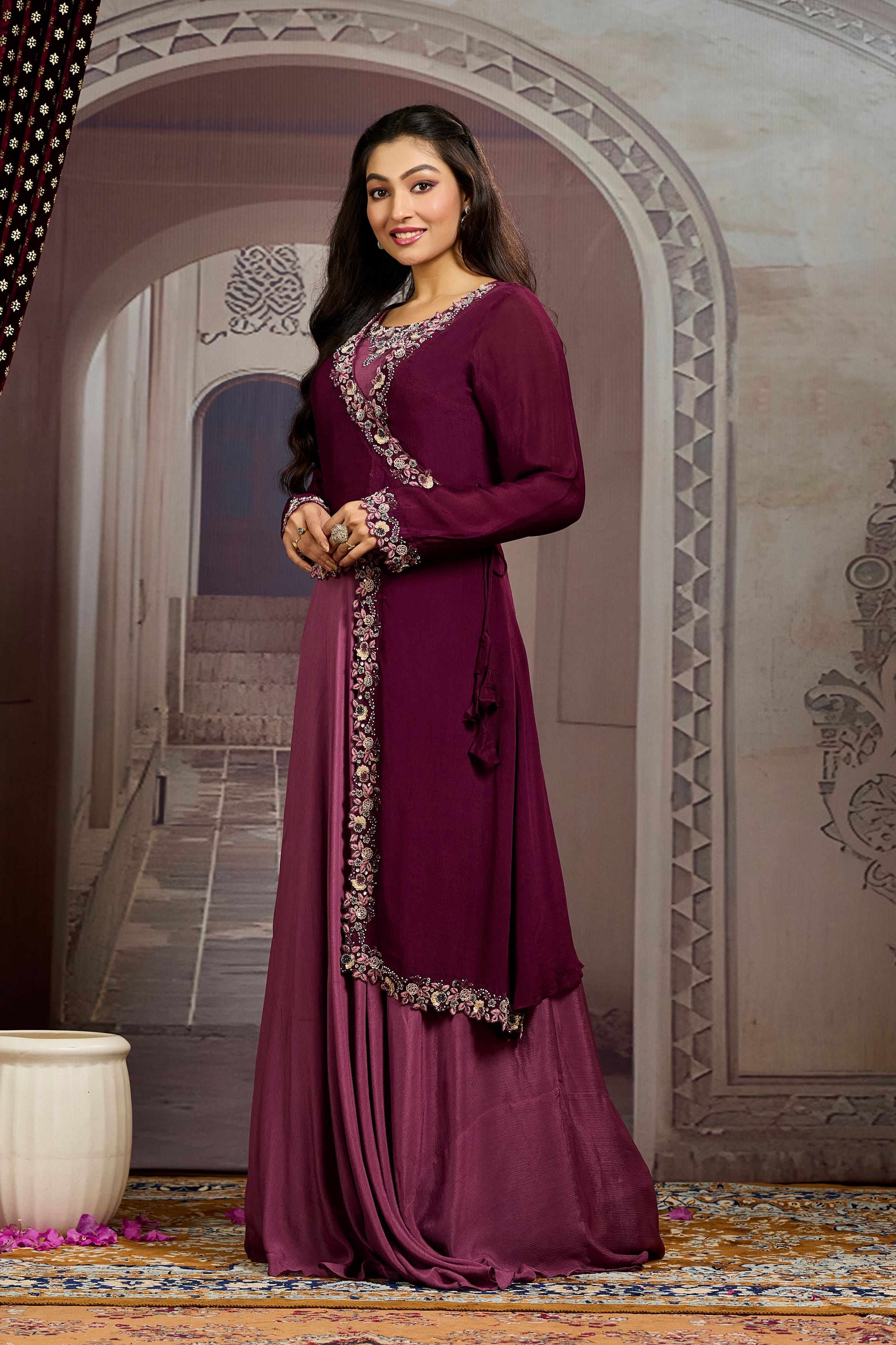 Deep Burgundy Embellished Chinon Silk Gown