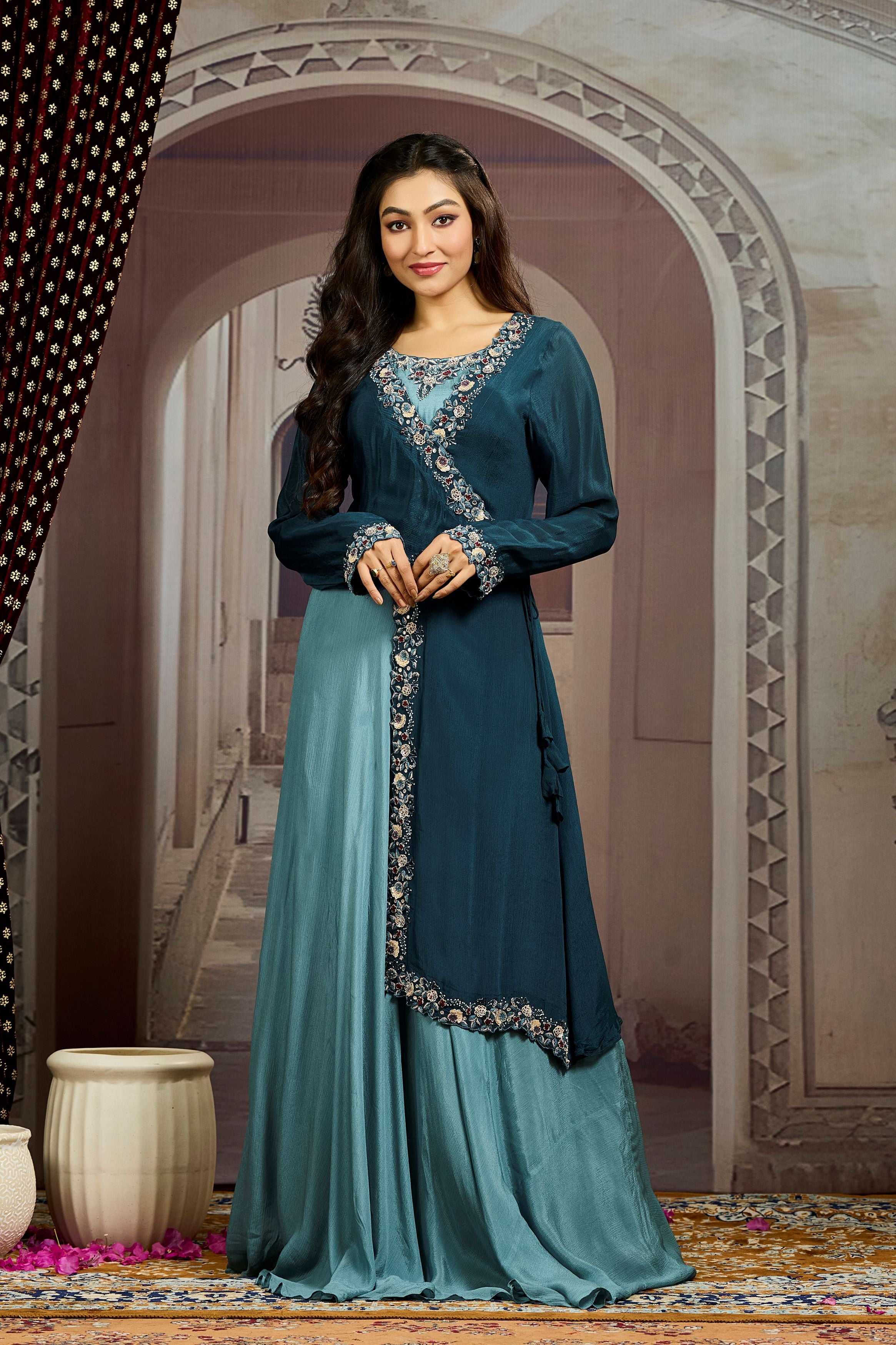 Deep Teal Embellished Chinon Silk Gown