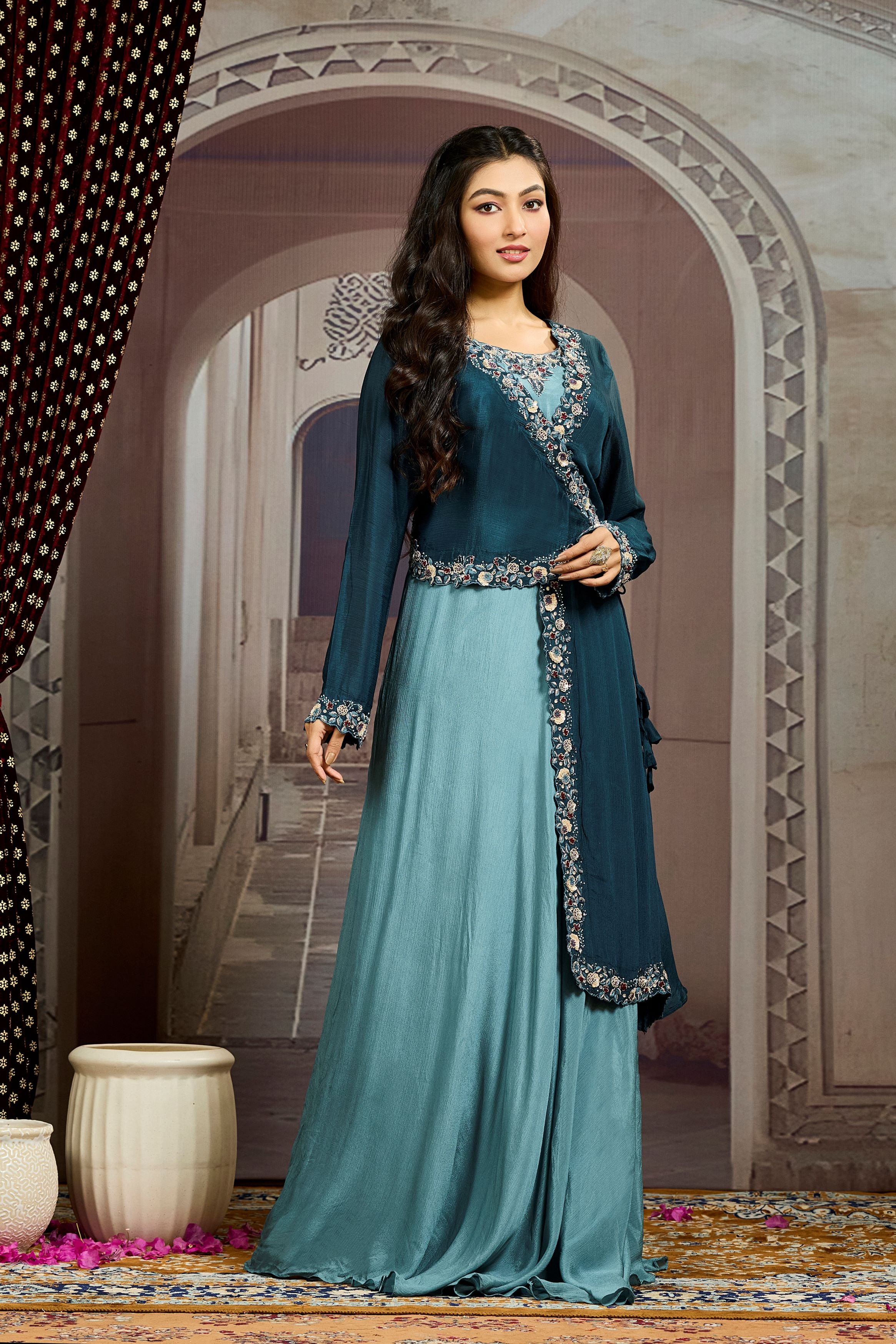 Deep Teal Embellished Chinon Silk Gown