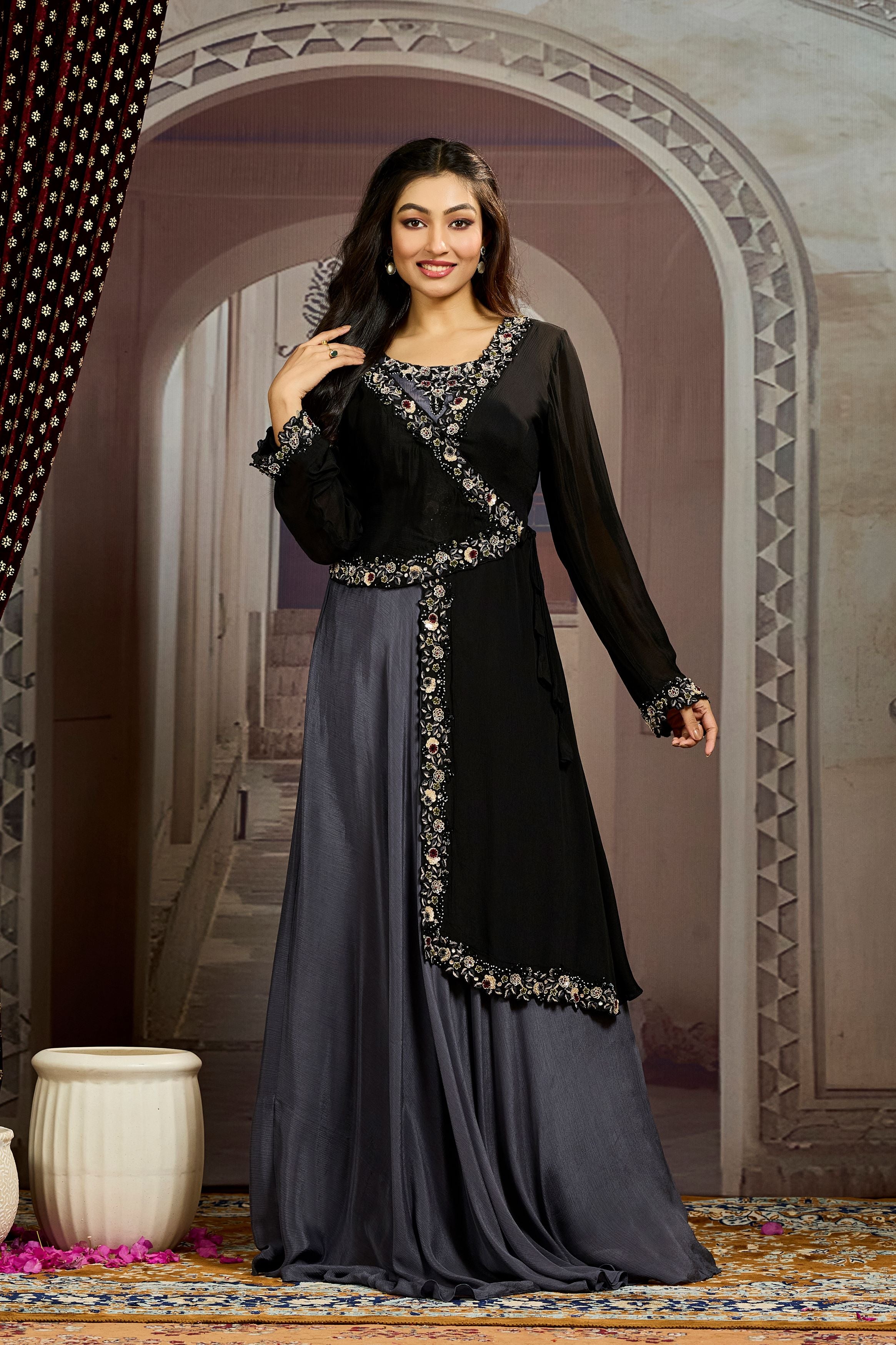 Black Embellished Chinon Silk Gown