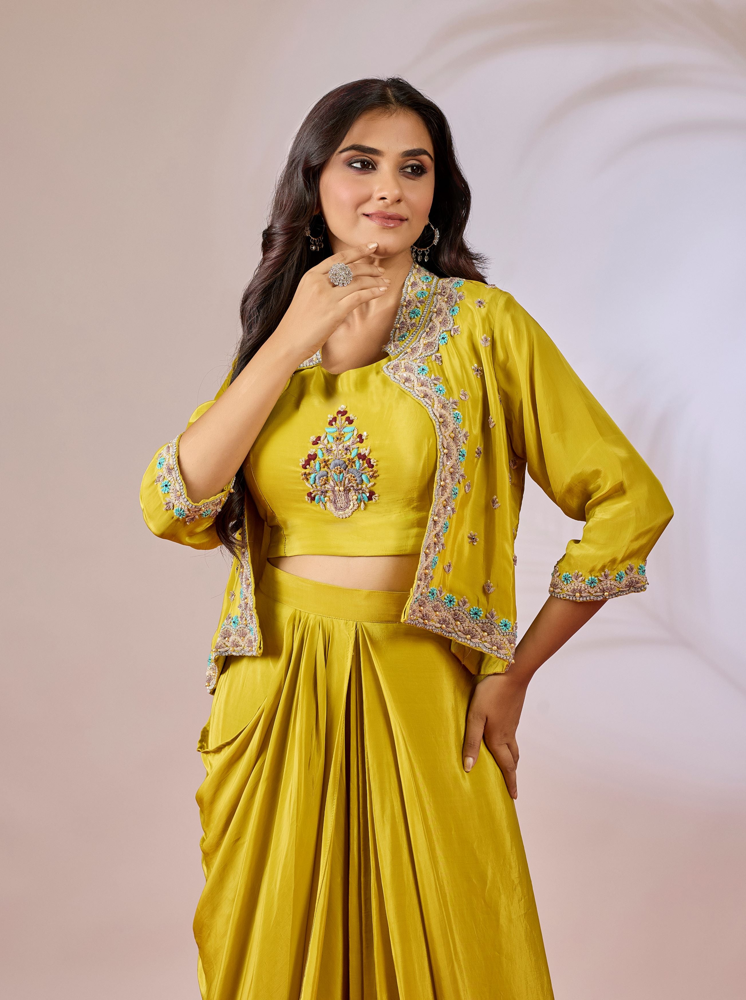 Bright Yellow Embellished Chinon Silk Skirt Jacket Set