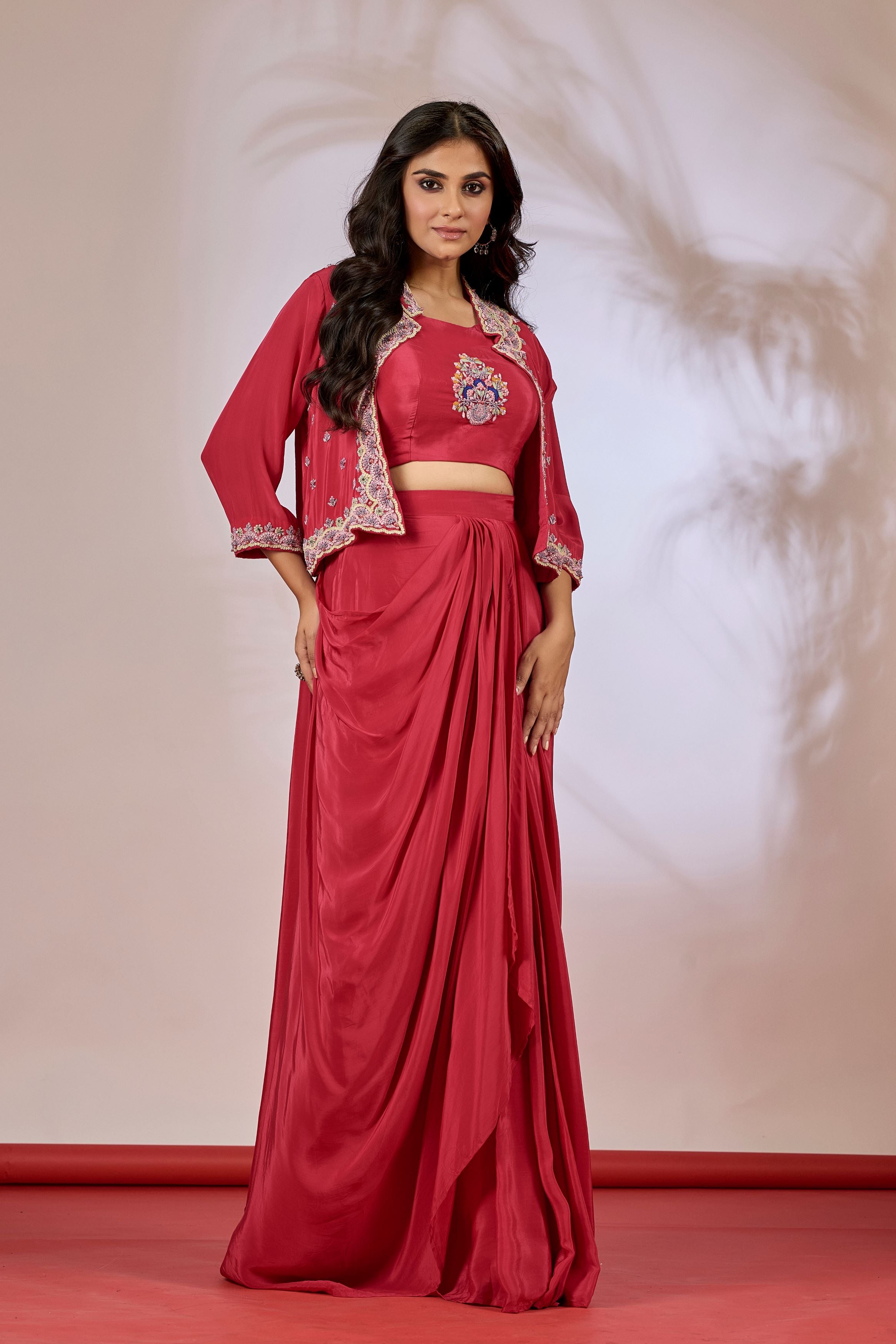 Red Embellished Chinon Silk Skirt Jacket Set