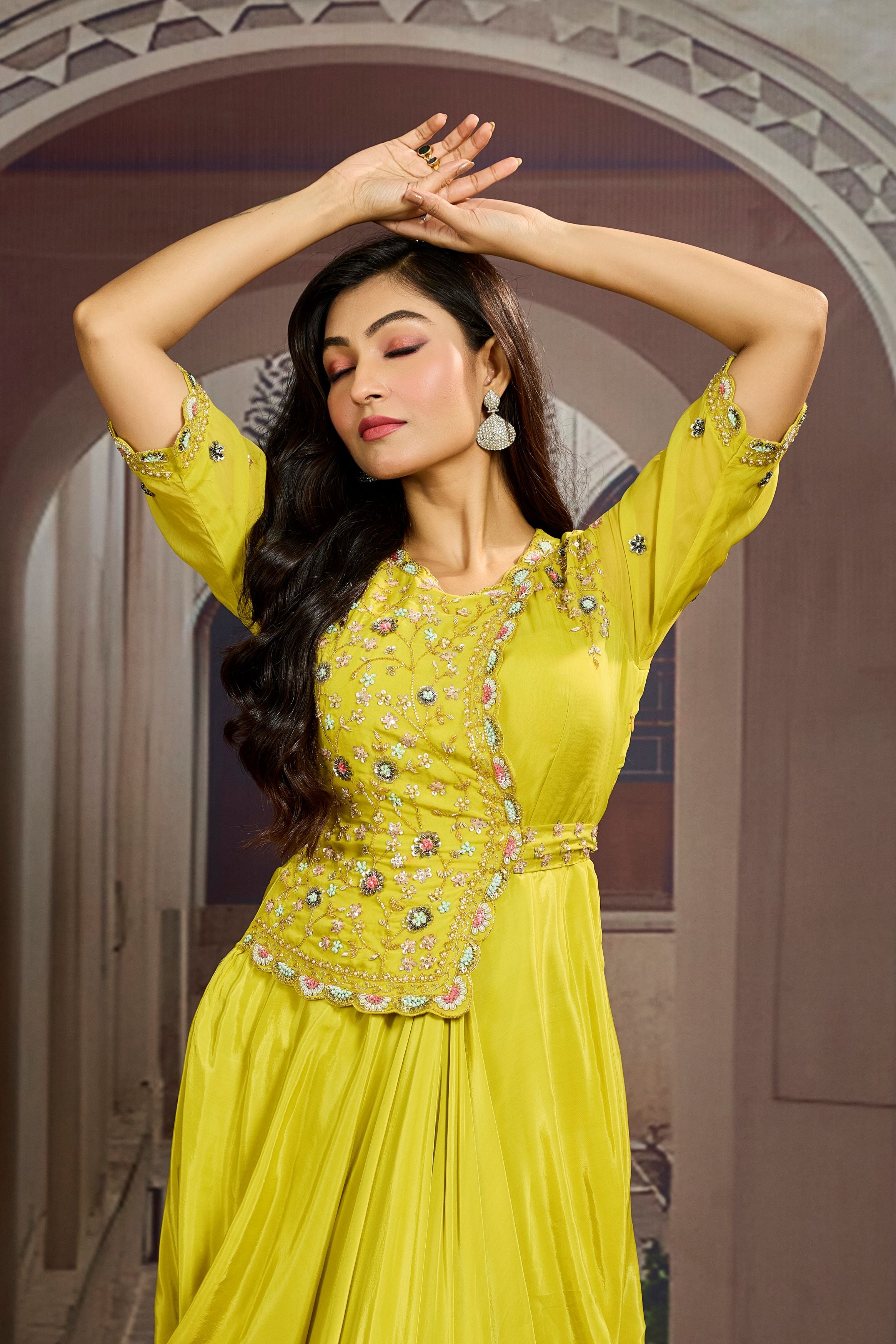 Bright Yellow Embellished Chinon Silk Drape Gown