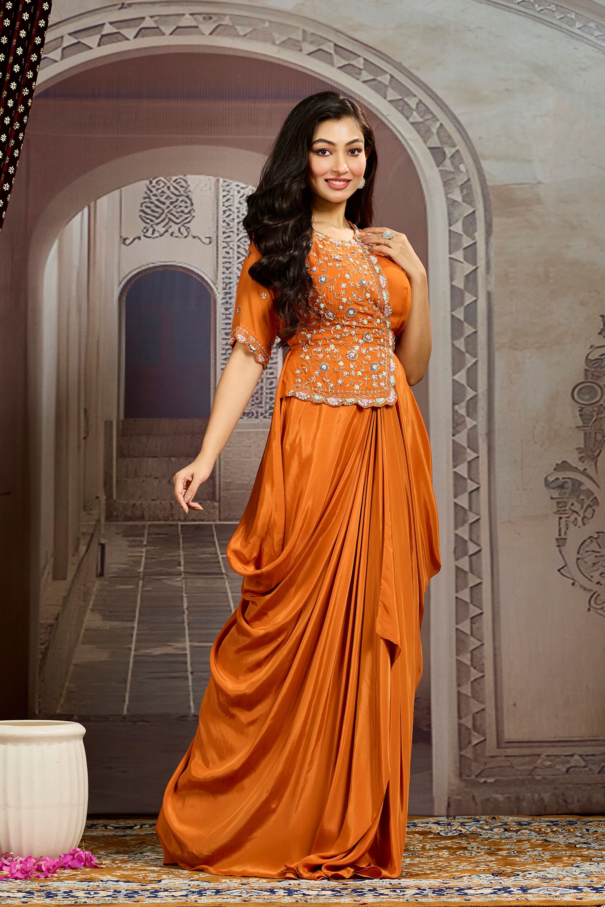 Bright Orange Embellished Chinon Silk Drape Gown