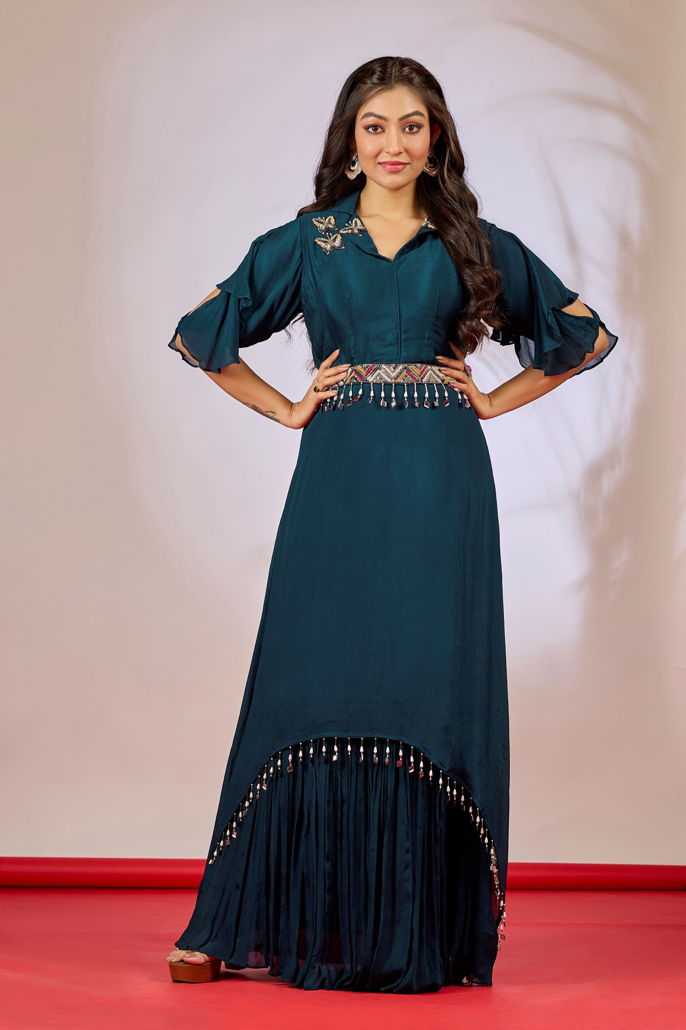 Teal Embellished Chinon Silk Gown