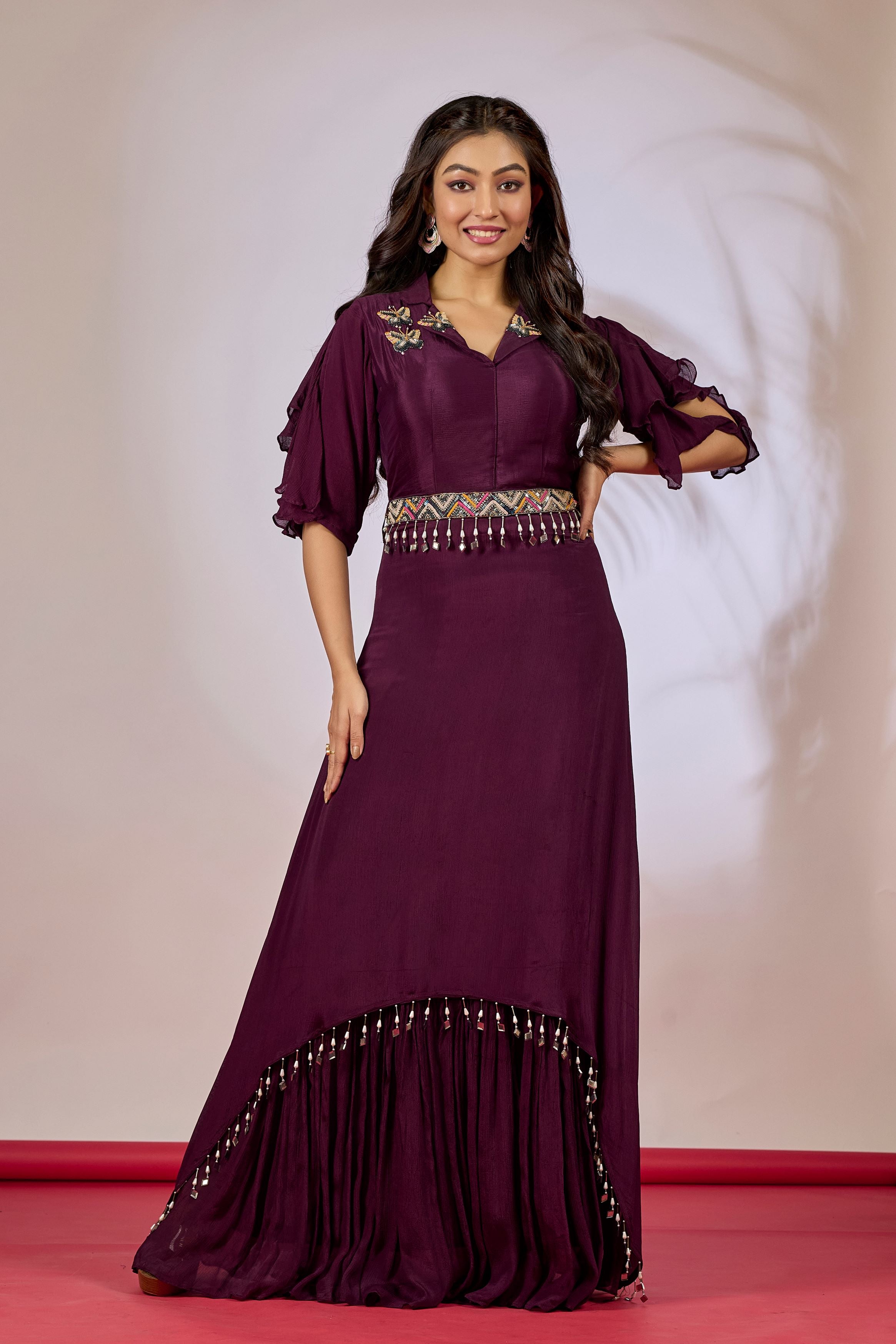 Wine Embellished Chinon Silk Gown