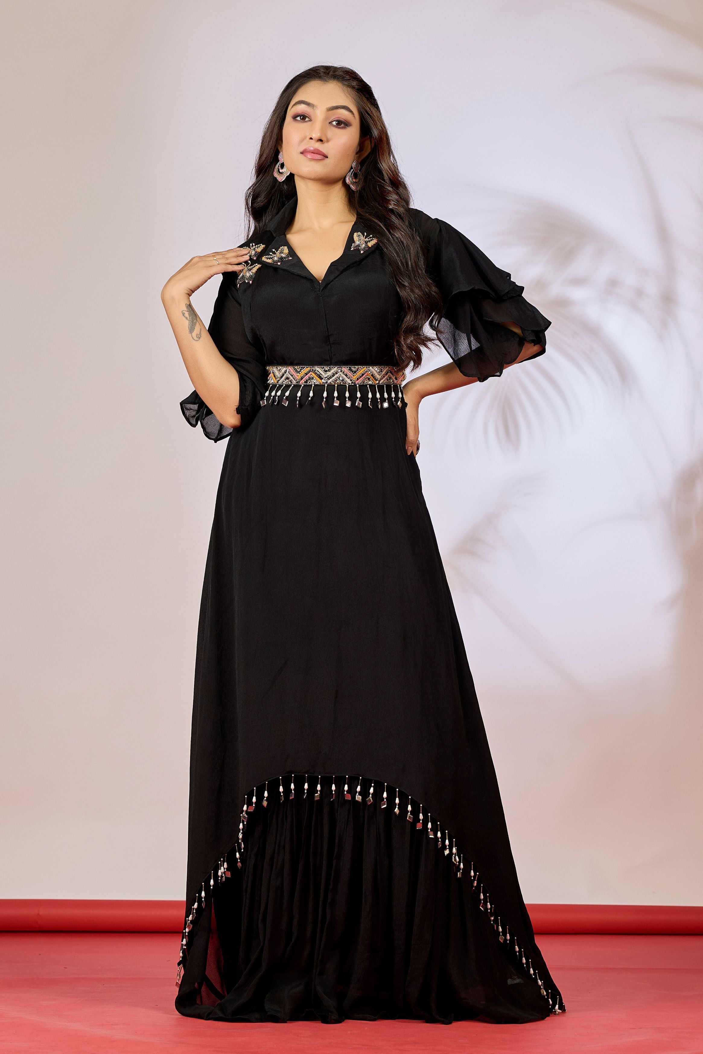 Hot Black Embellished Chinon Silk Gown