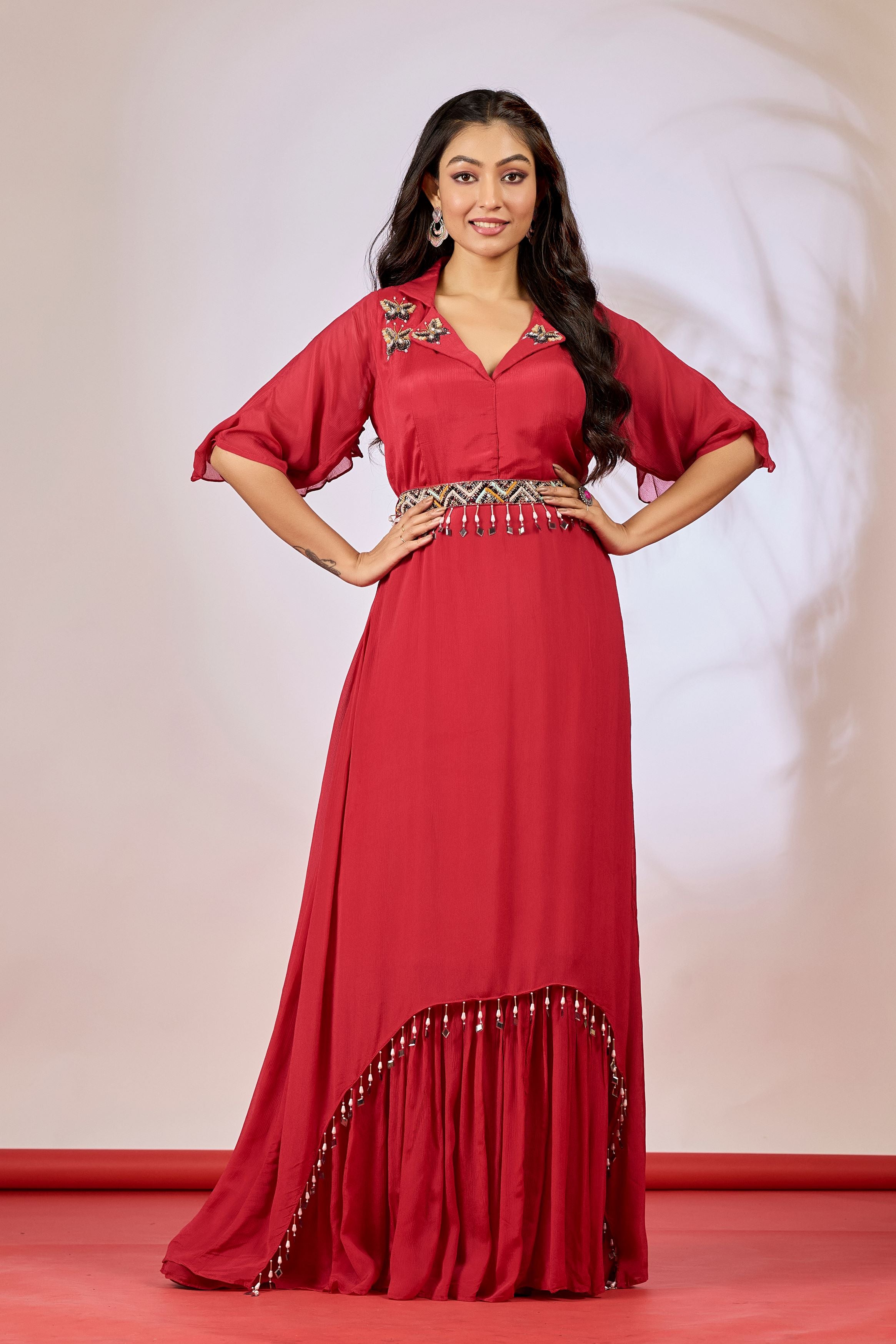 Red Embellished Chinon Silk Gown