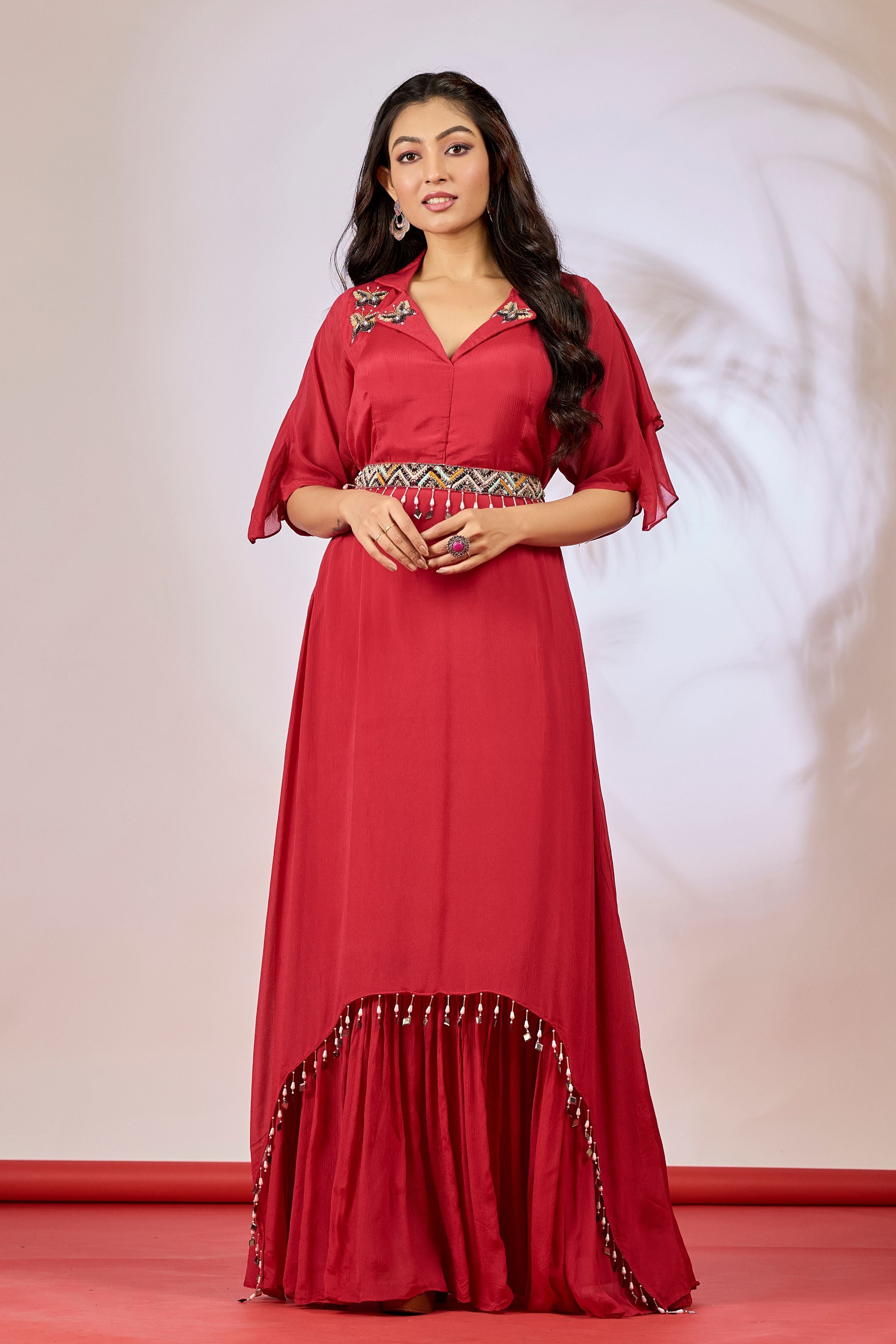 Red Embellished Chinon Silk Gown