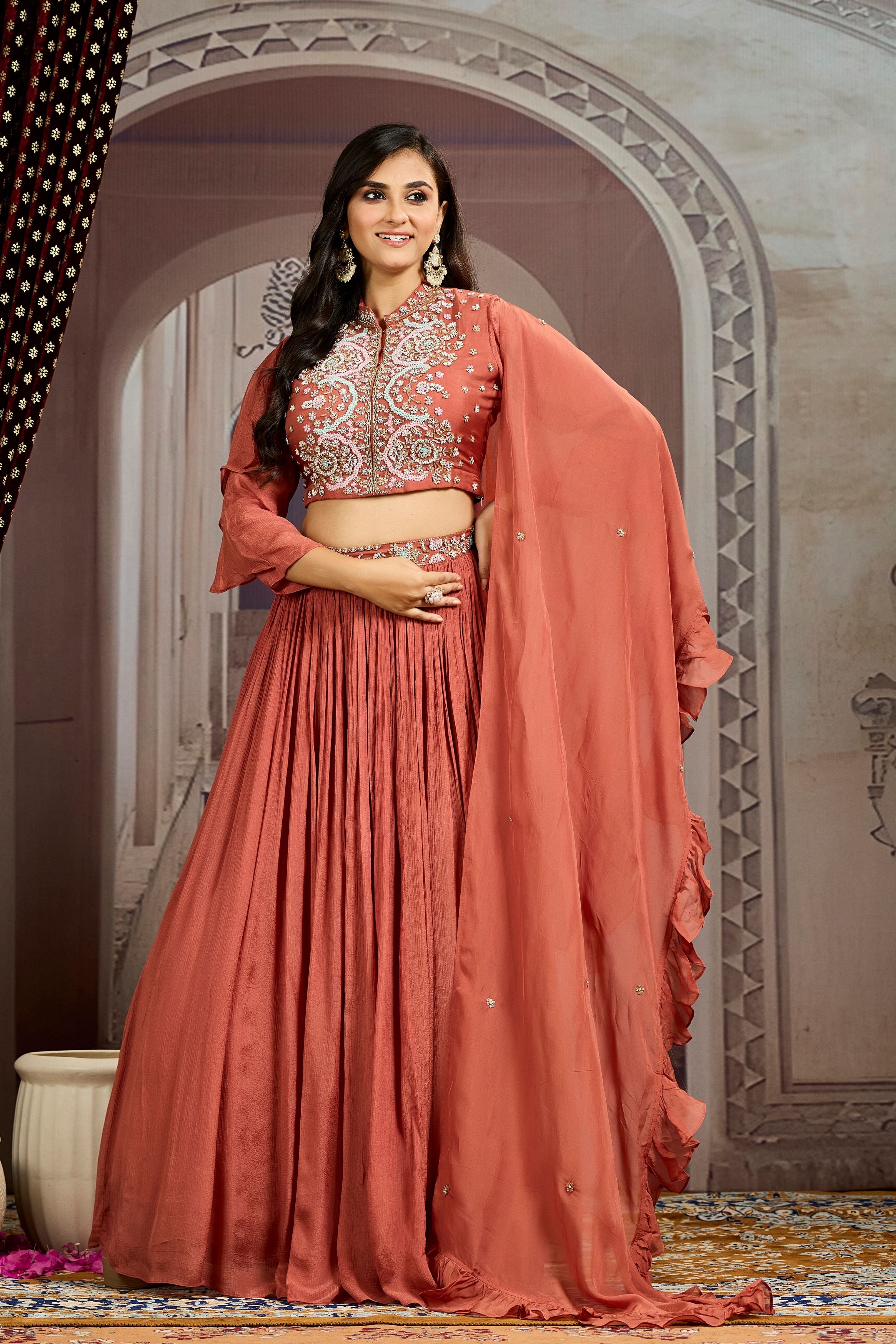 Bright Peach Embellished Chinon Silk Skirt Set