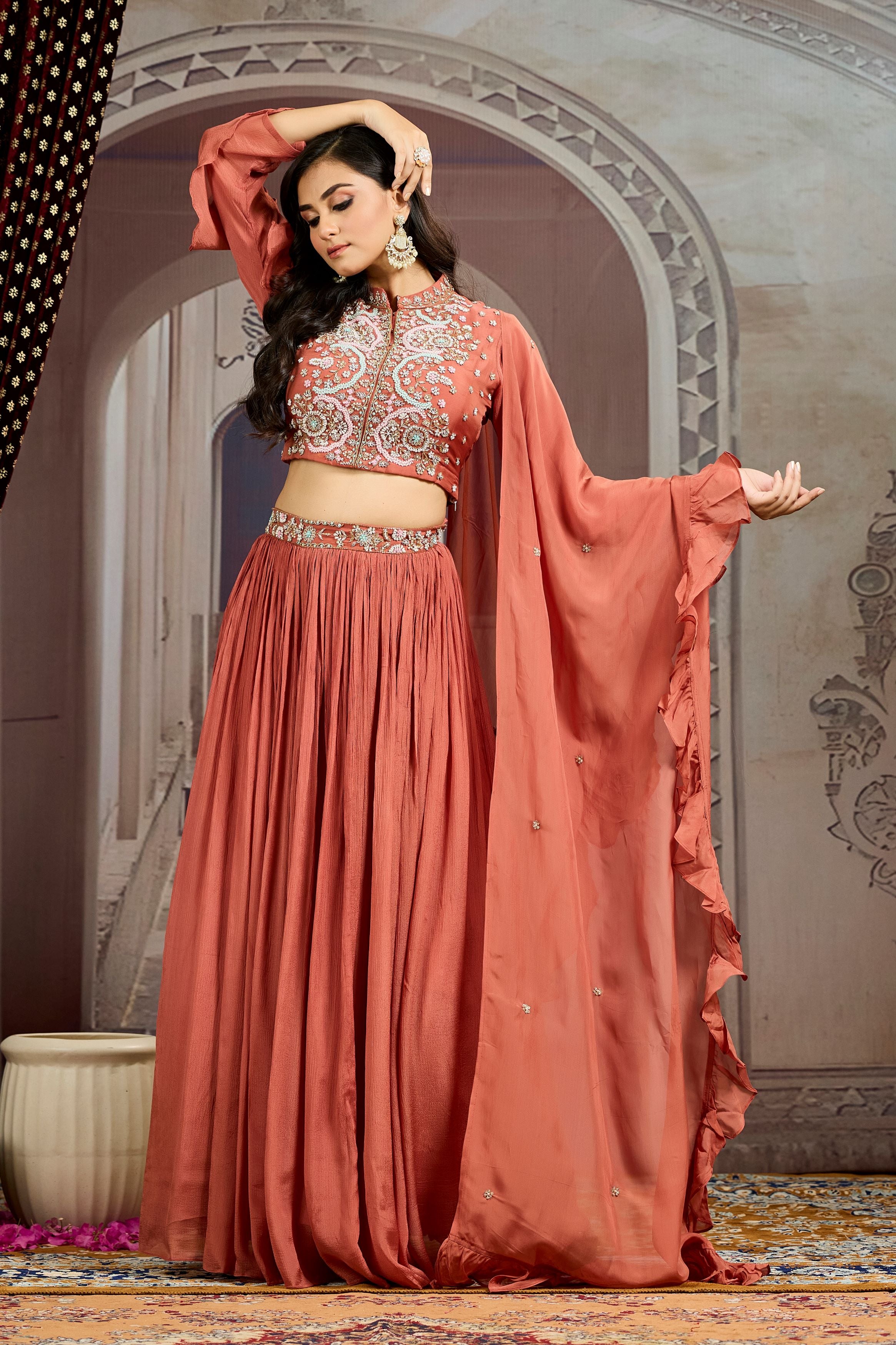 Bright Peach Embellished Chinon Silk Skirt Set