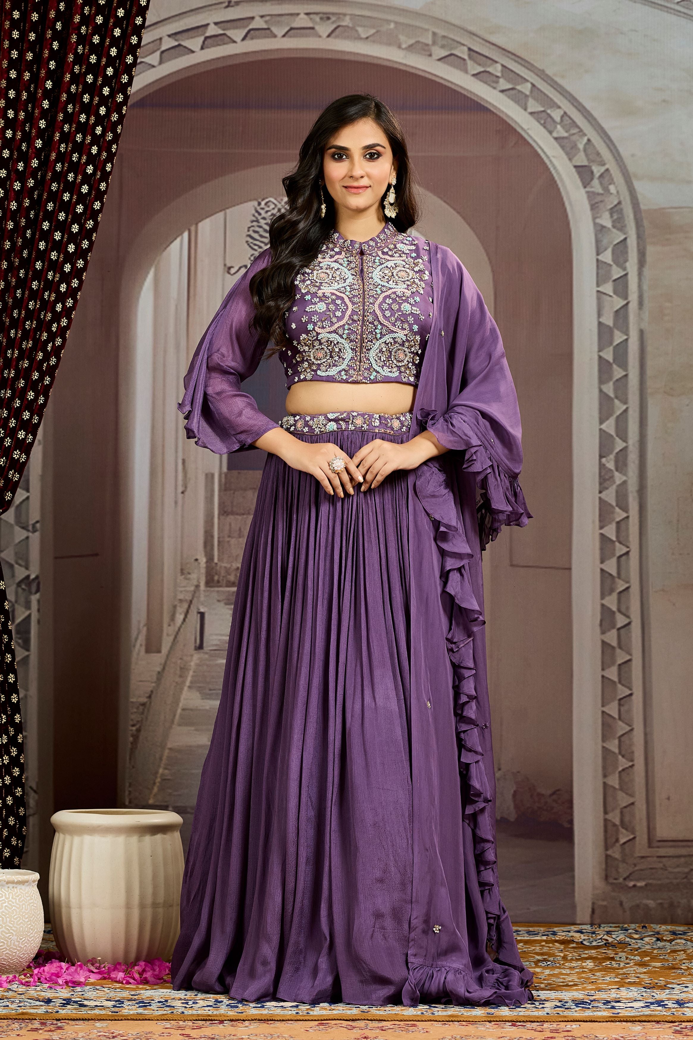 Purple Embellished Chinon Silk Skirt Set