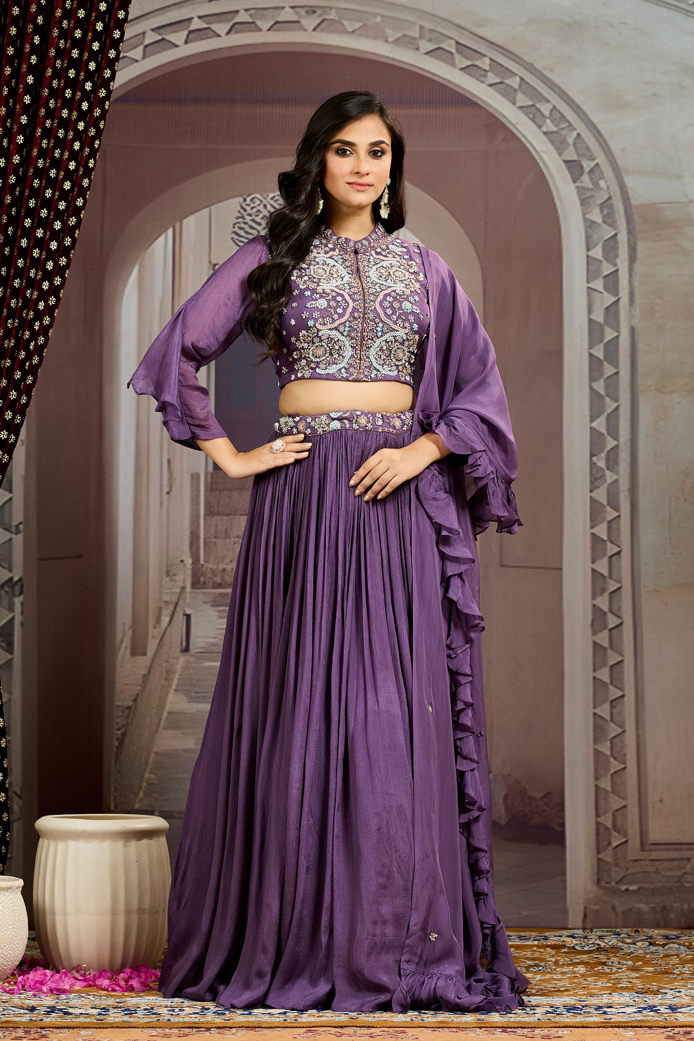 Purple Embellished Chinon Silk Skirt Set