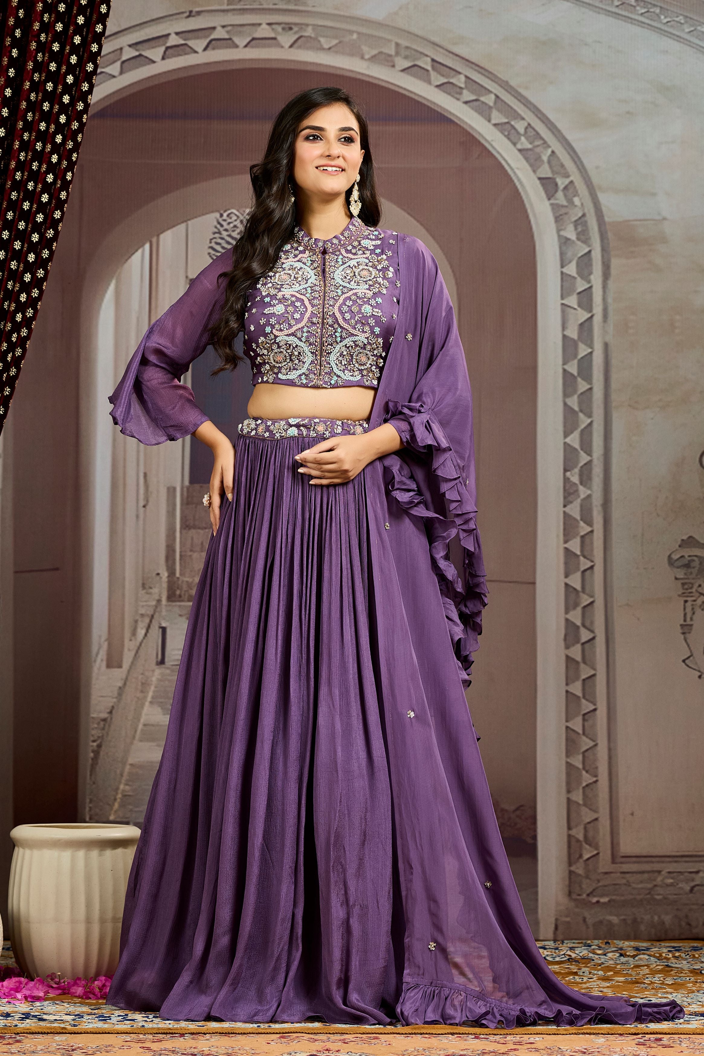 Purple Embellished Chinon Silk Skirt Set