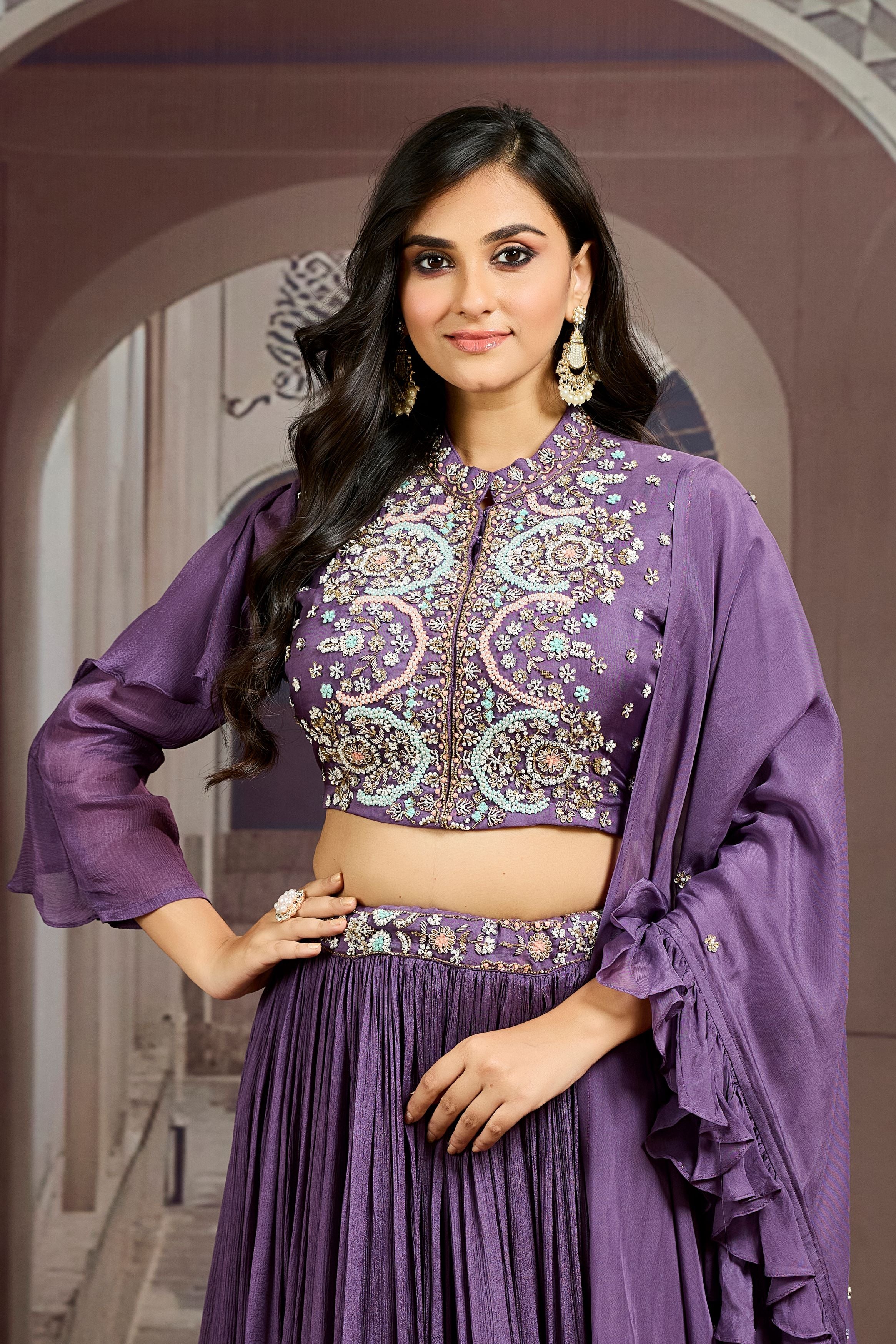 Purple Embellished Chinon Silk Skirt Set