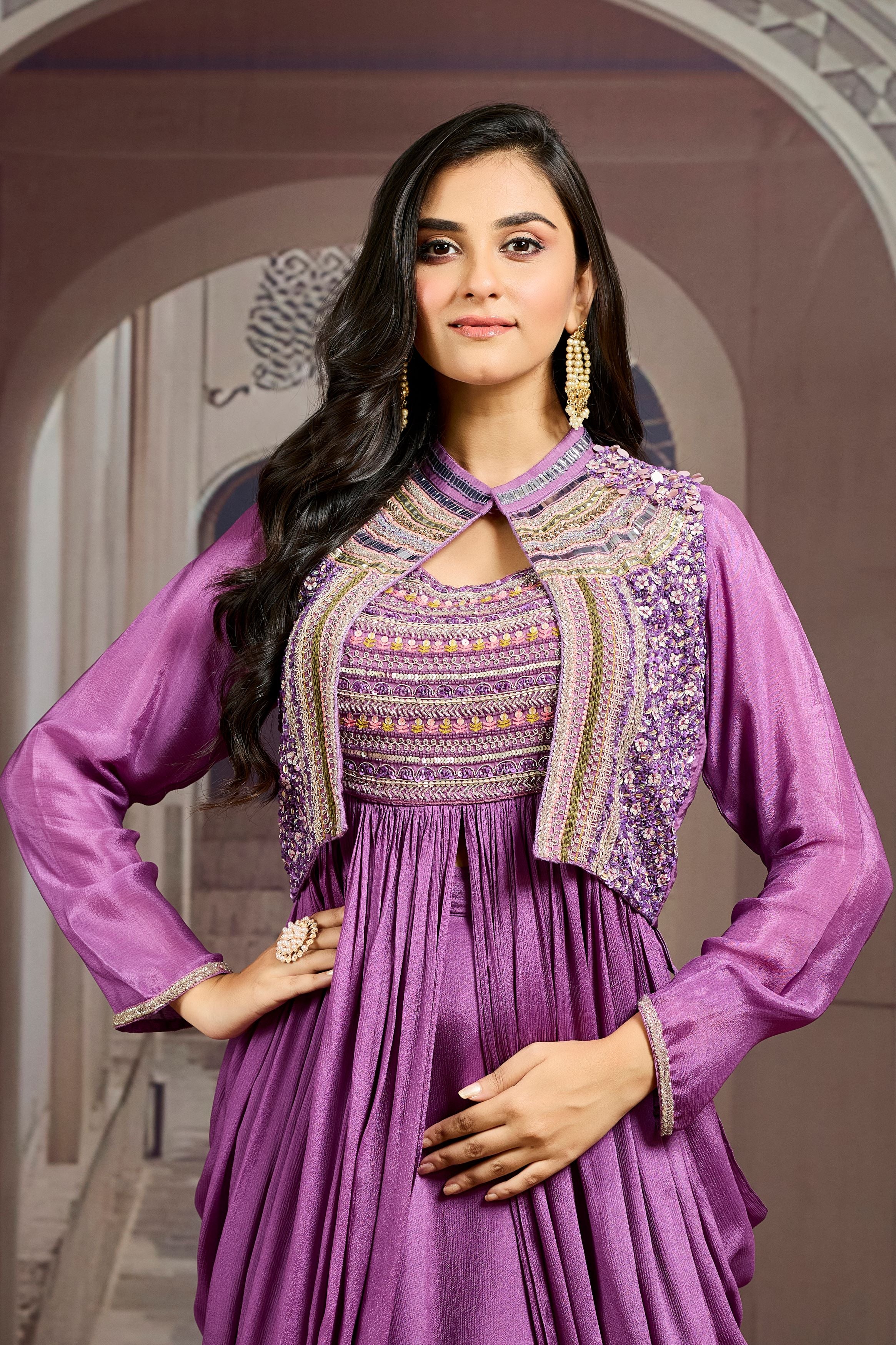 Purple  Embellished Chinon Silk Jacket Skirt Set