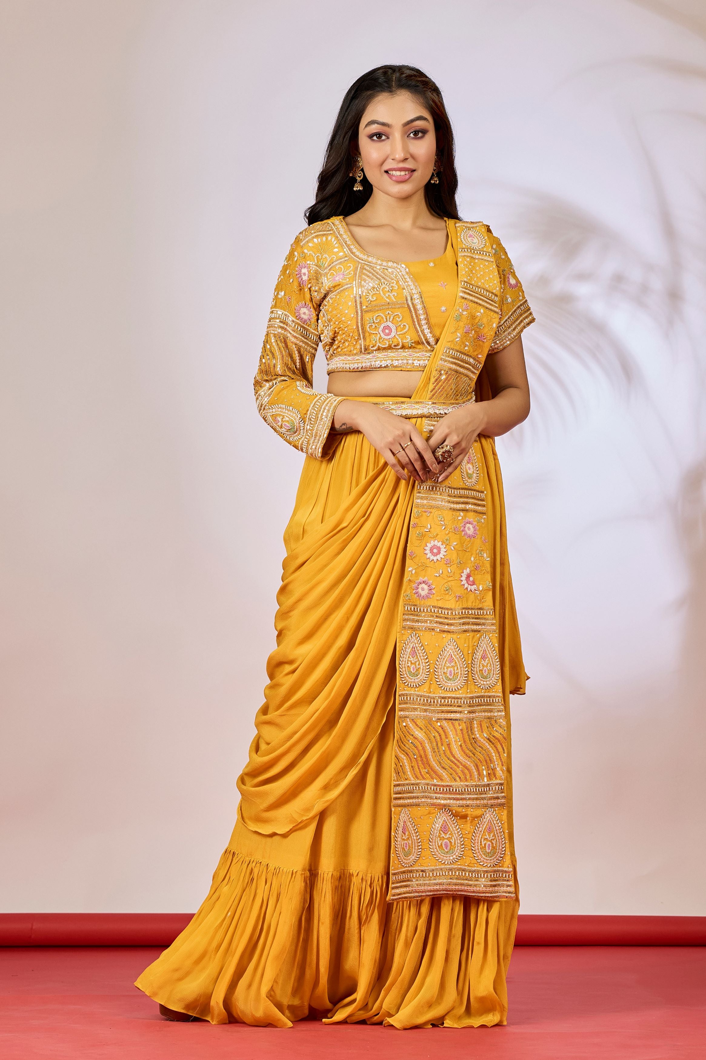 Mustard Yellow Embellished Chinon Silk Drape Saree