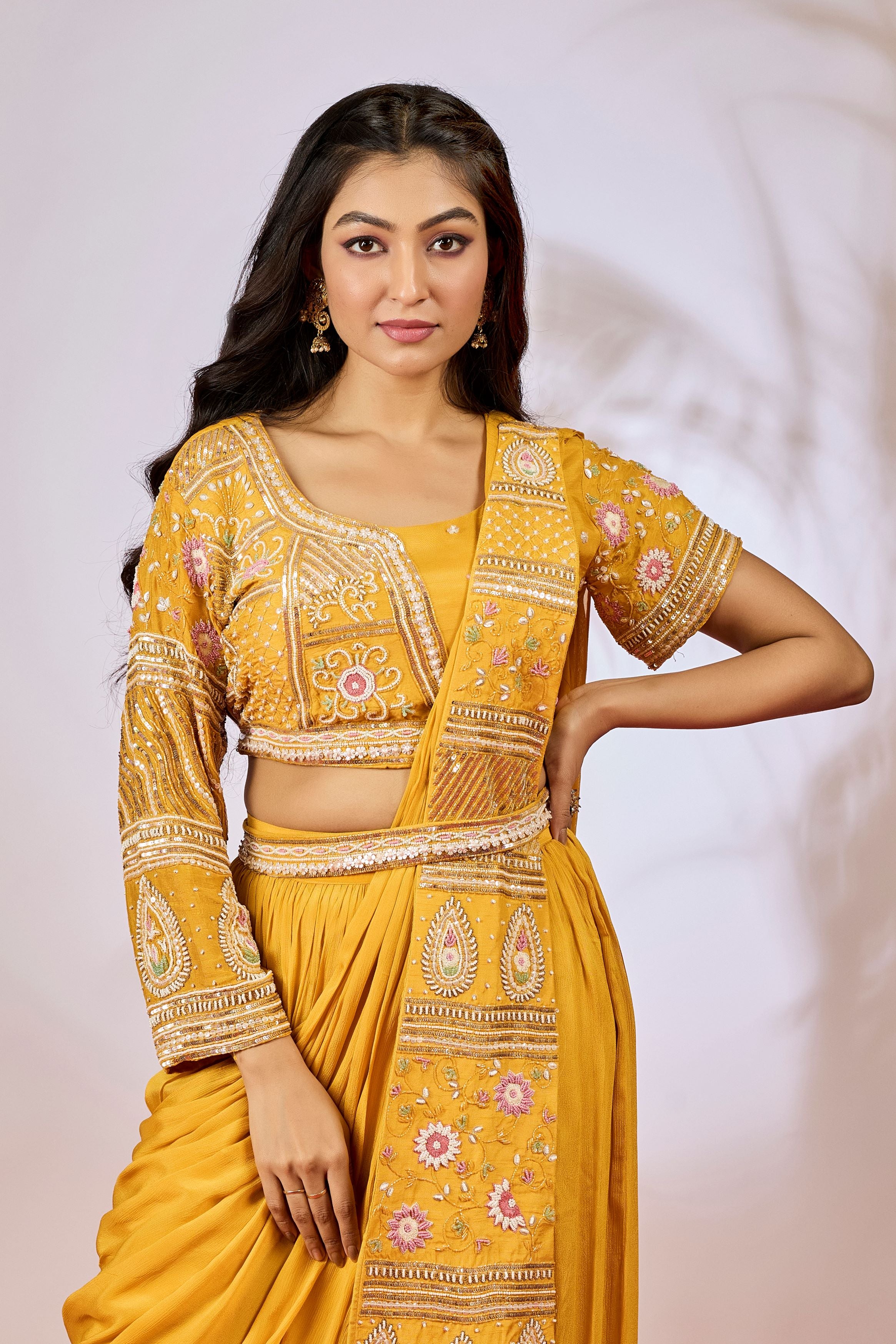 Mustard Yellow Embellished Chinon Silk Drape Saree