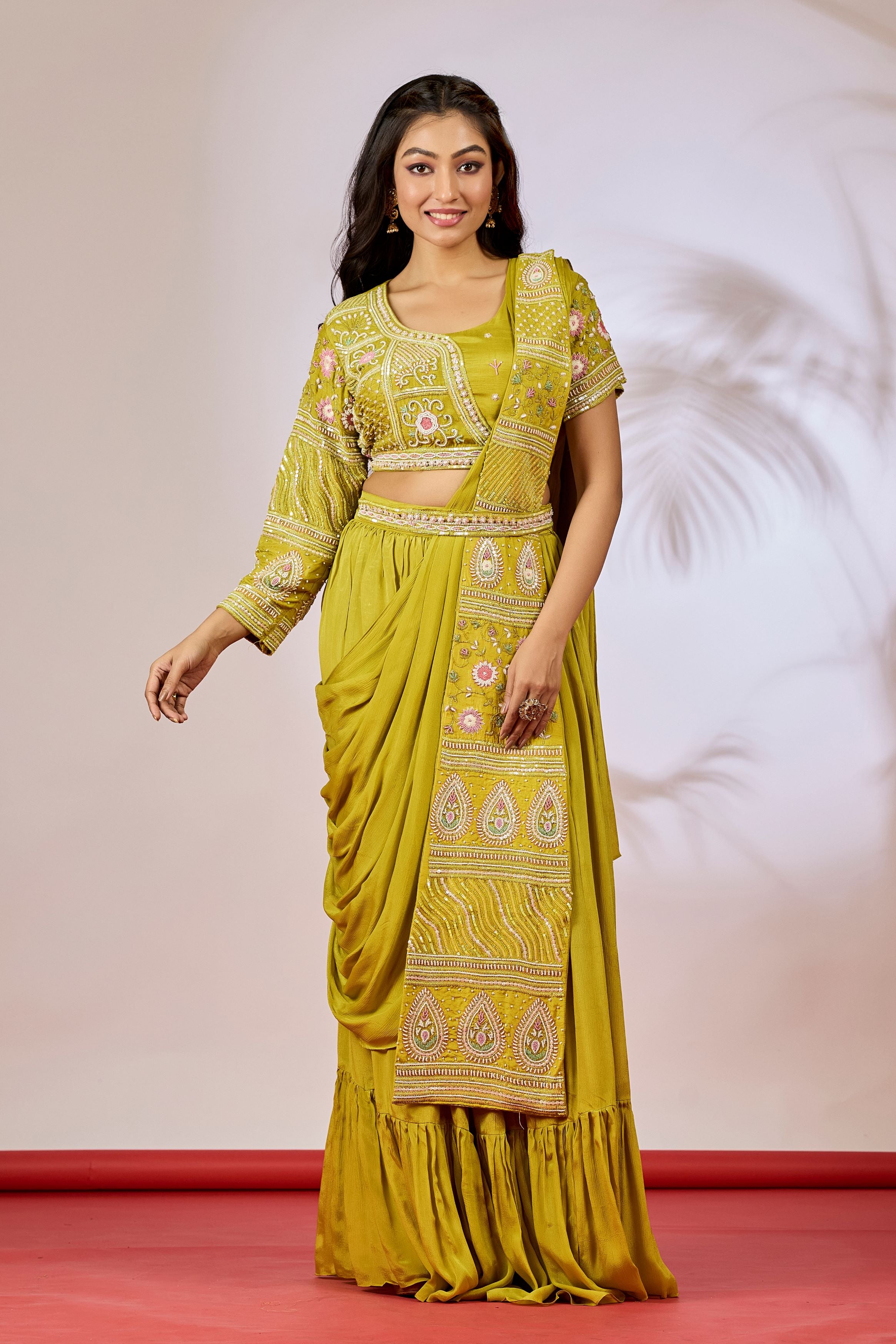 Pear Green Embellished Chinon Silk Drape Saree