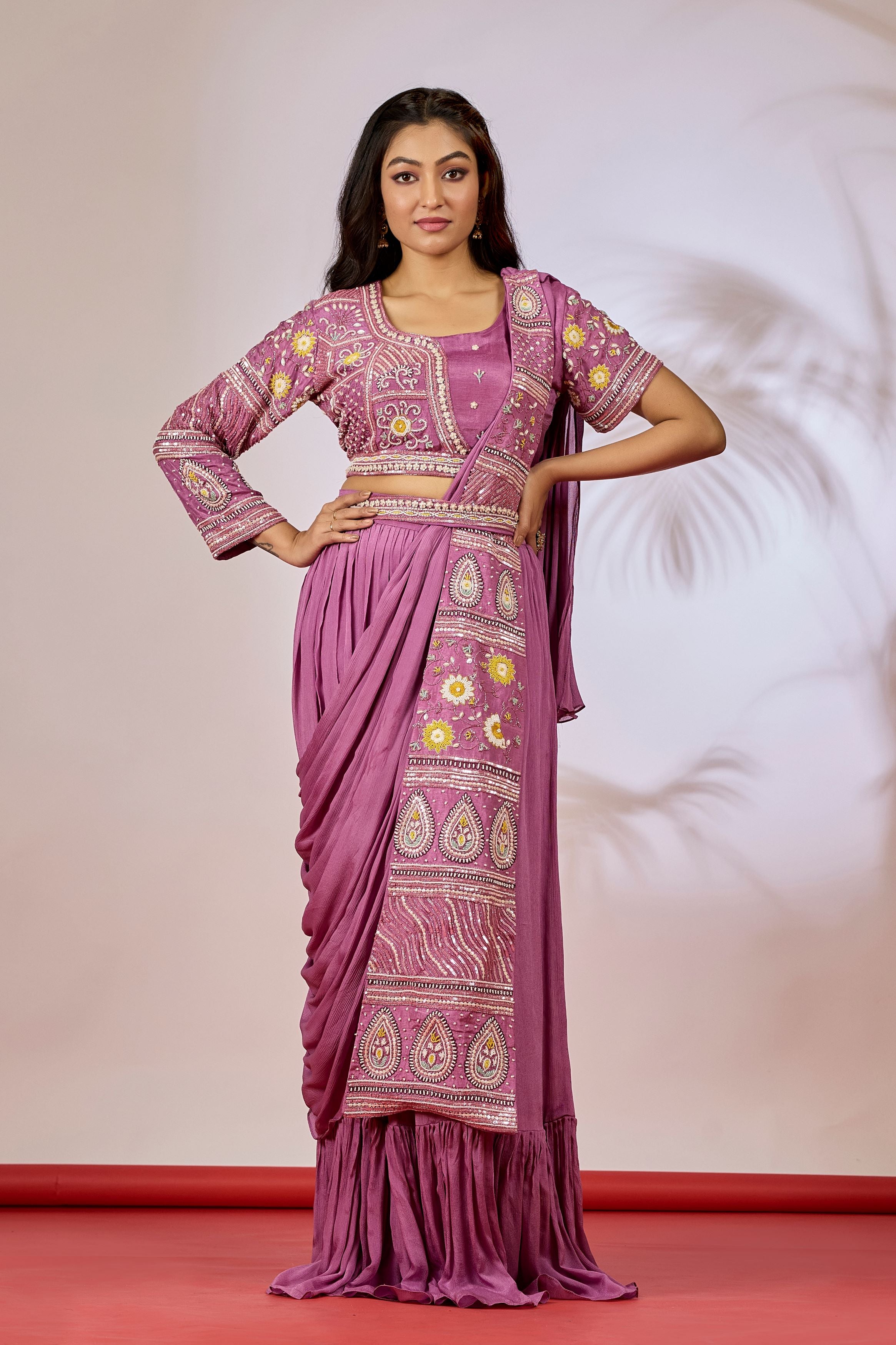 Mauve Embellished Chinon Silk Drape Saree