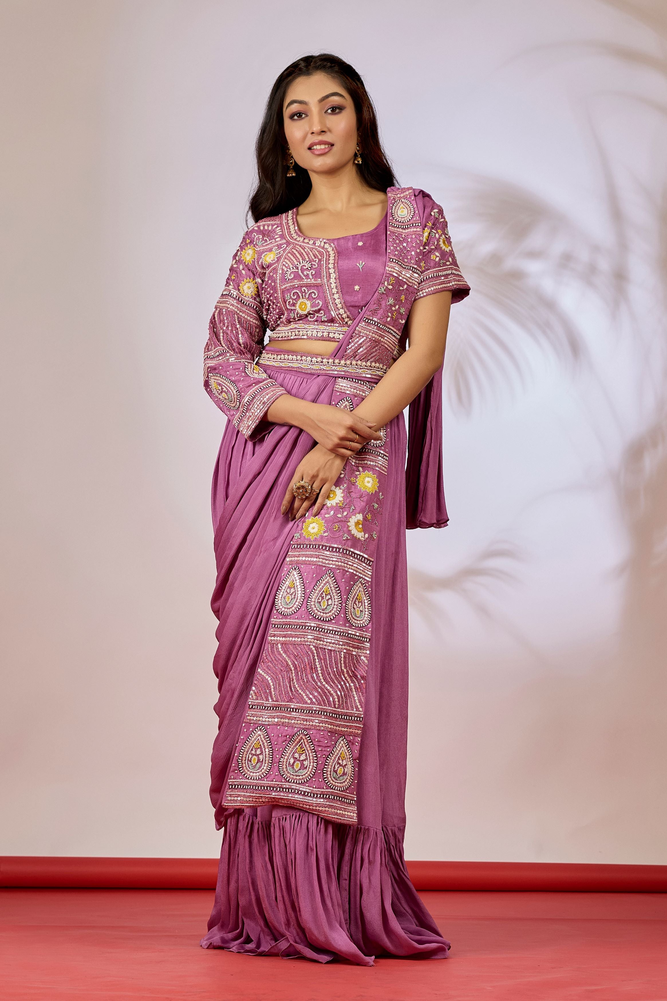 Mauve Embellished Chinon Silk Drape Saree