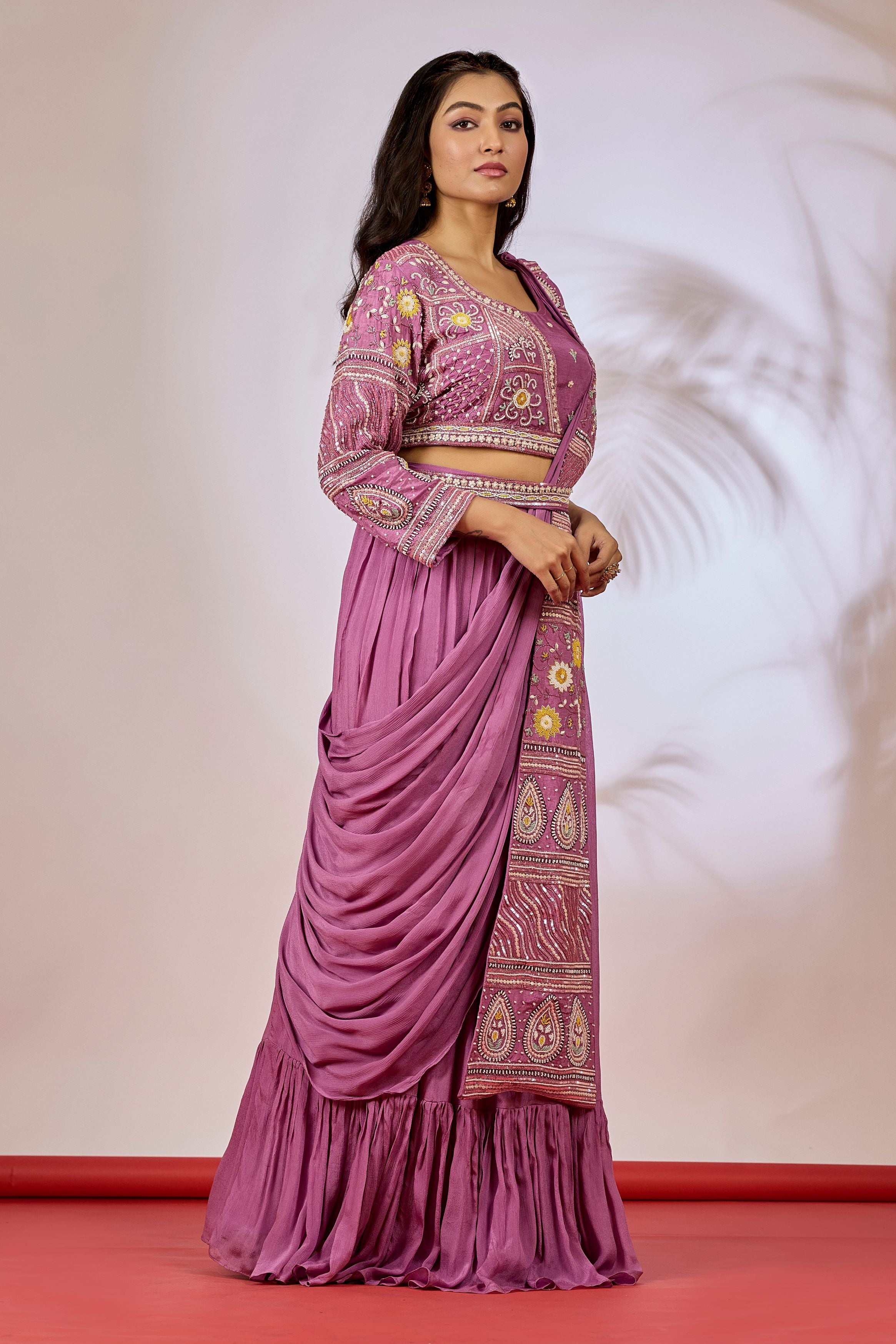 Mauve Embellished Chinon Silk Drape Saree