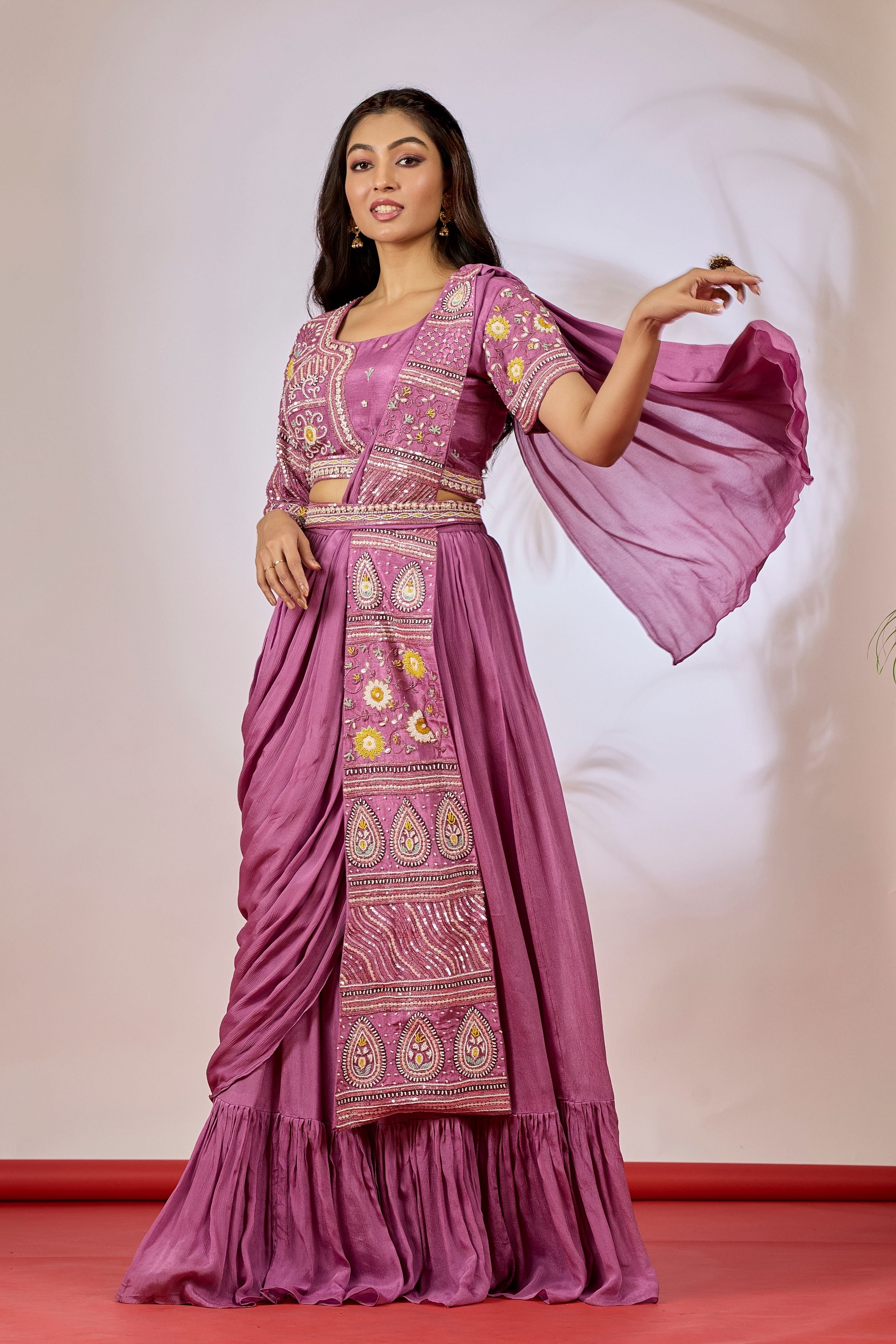 Mauve Embellished Chinon Silk Drape Saree