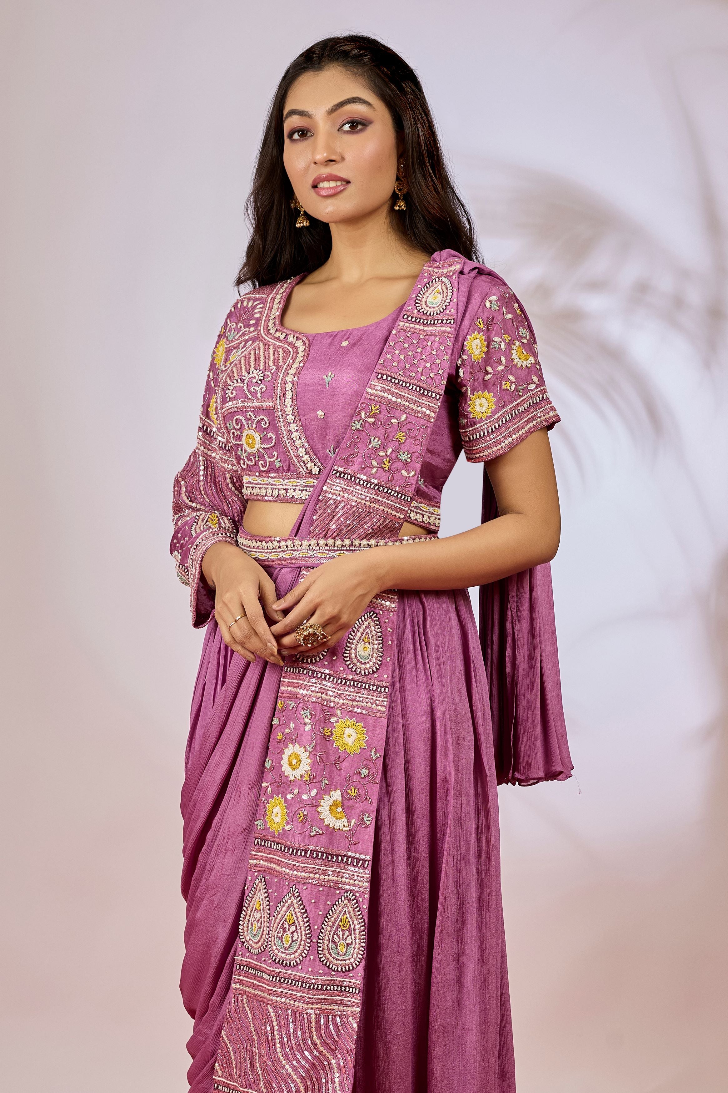 Mauve Embellished Chinon Silk Drape Saree