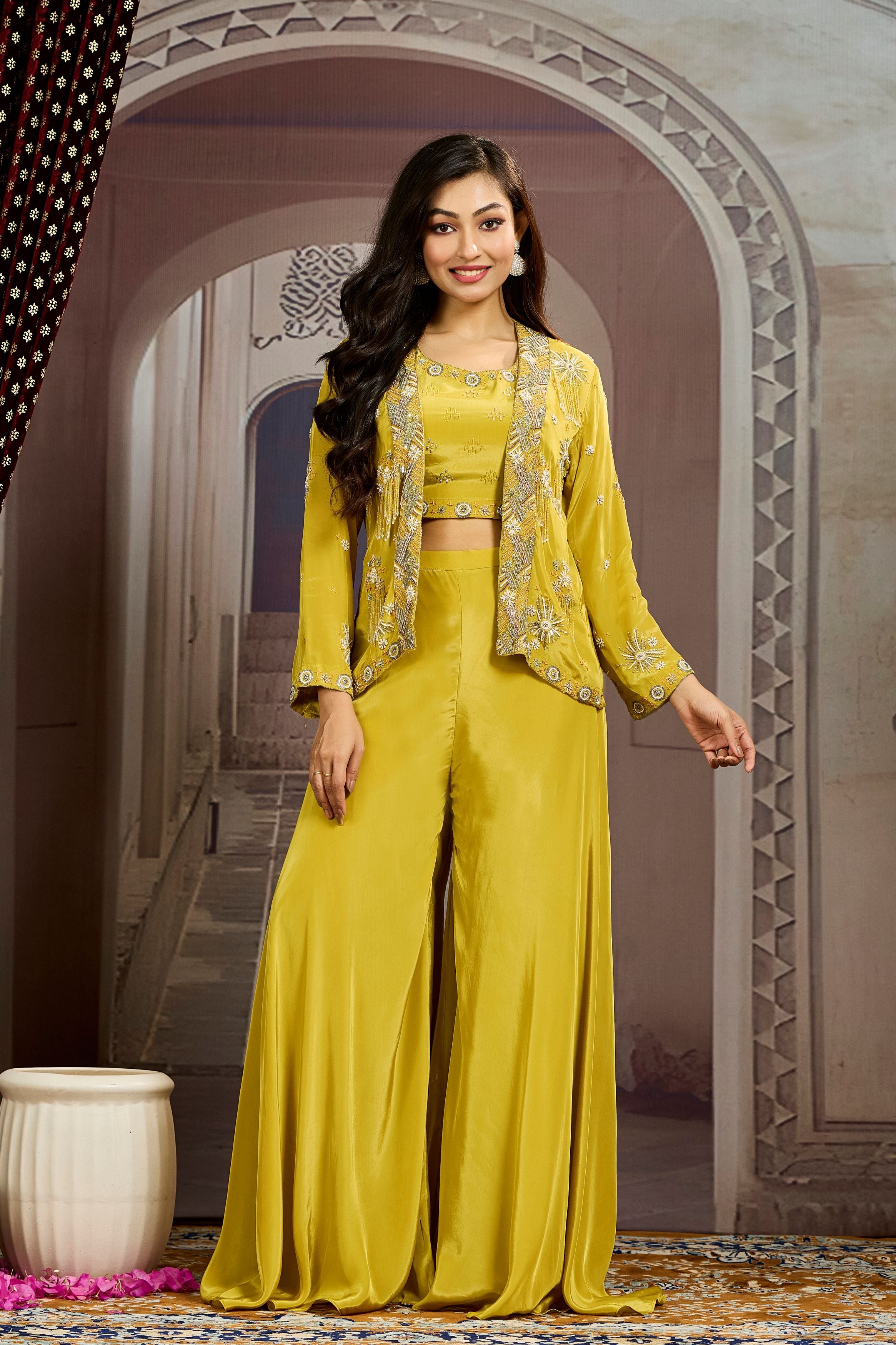 Bright Yellow Embellished Chinon Silk Jacket Sharara Set