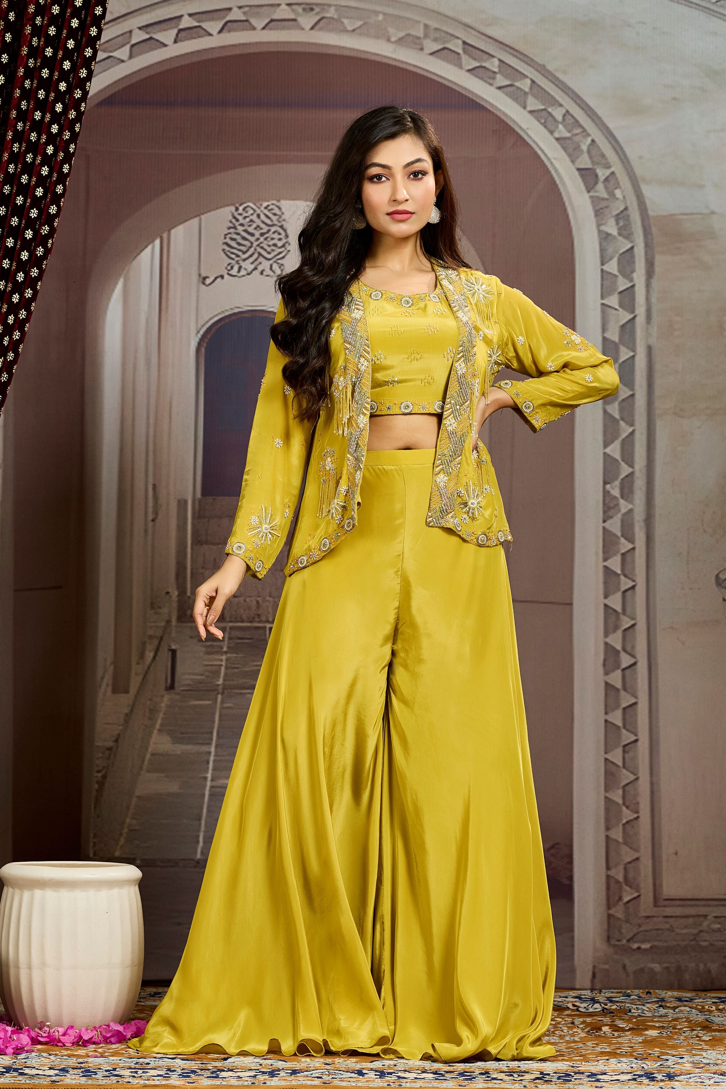 Bright Yellow Embellished Chinon Silk Jacket Sharara Set