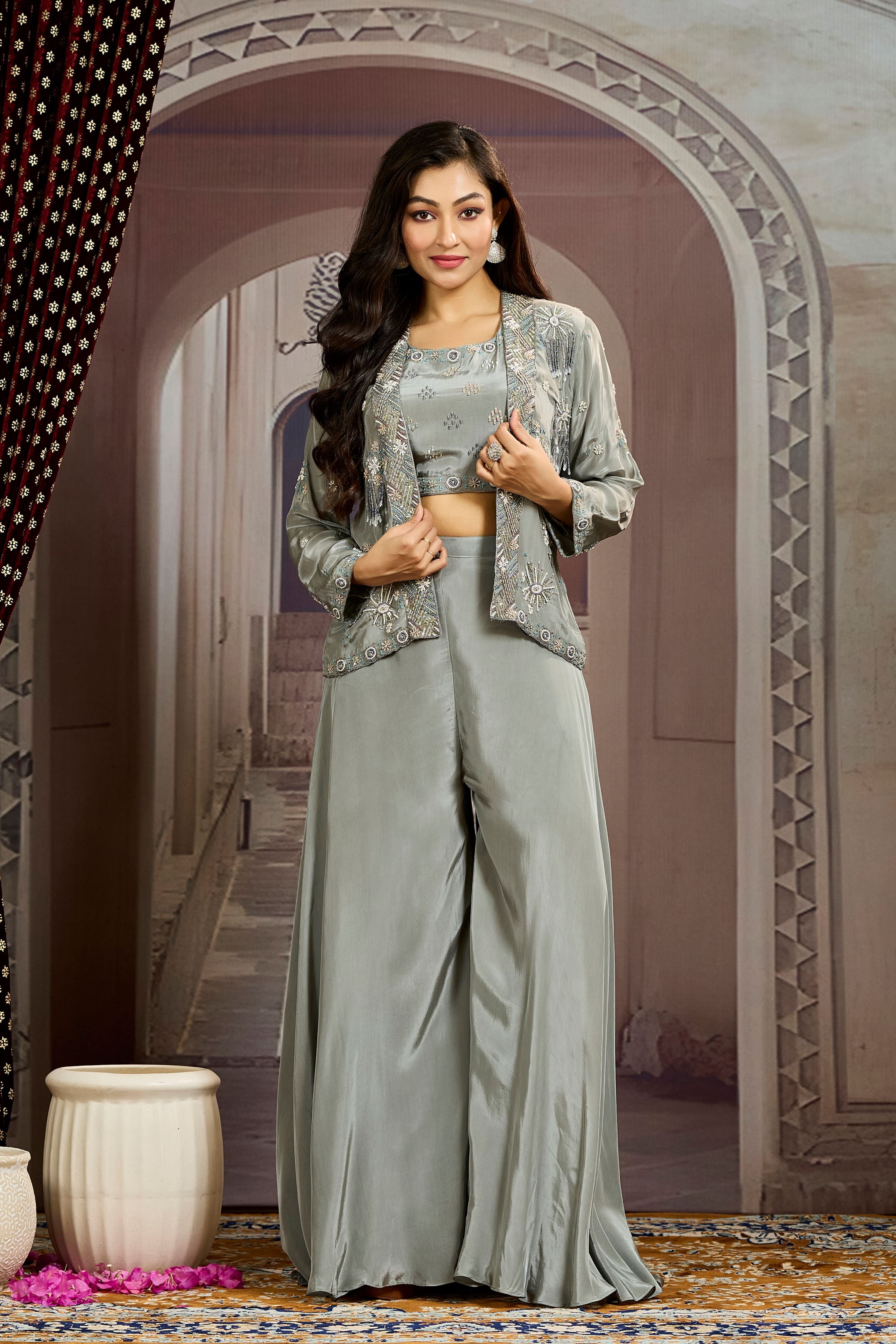 Grey Embellished Chinon Silk Jacket Sharara Set