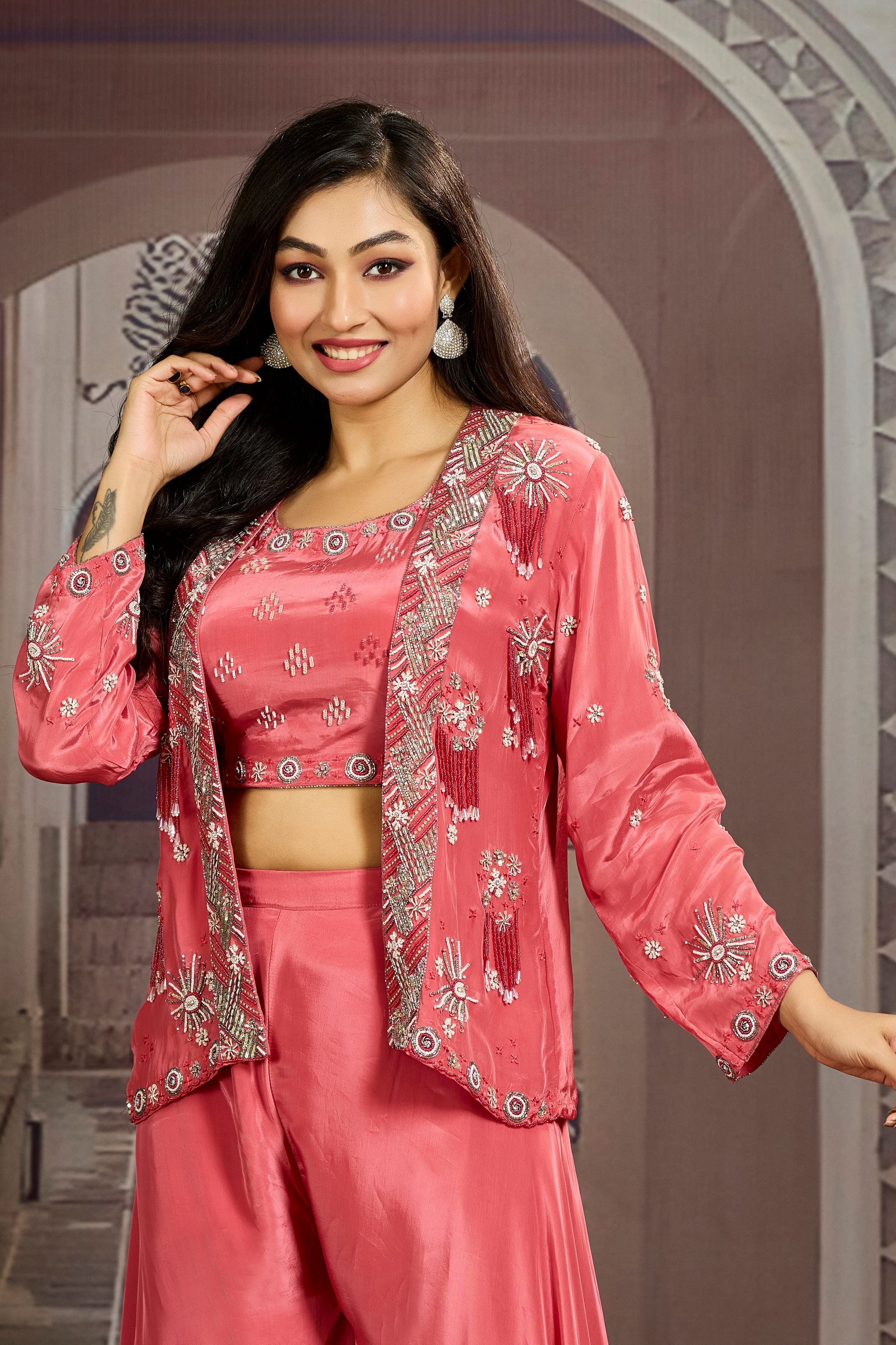 Peach Embellished Chinon Silk Jacket Sharara Set