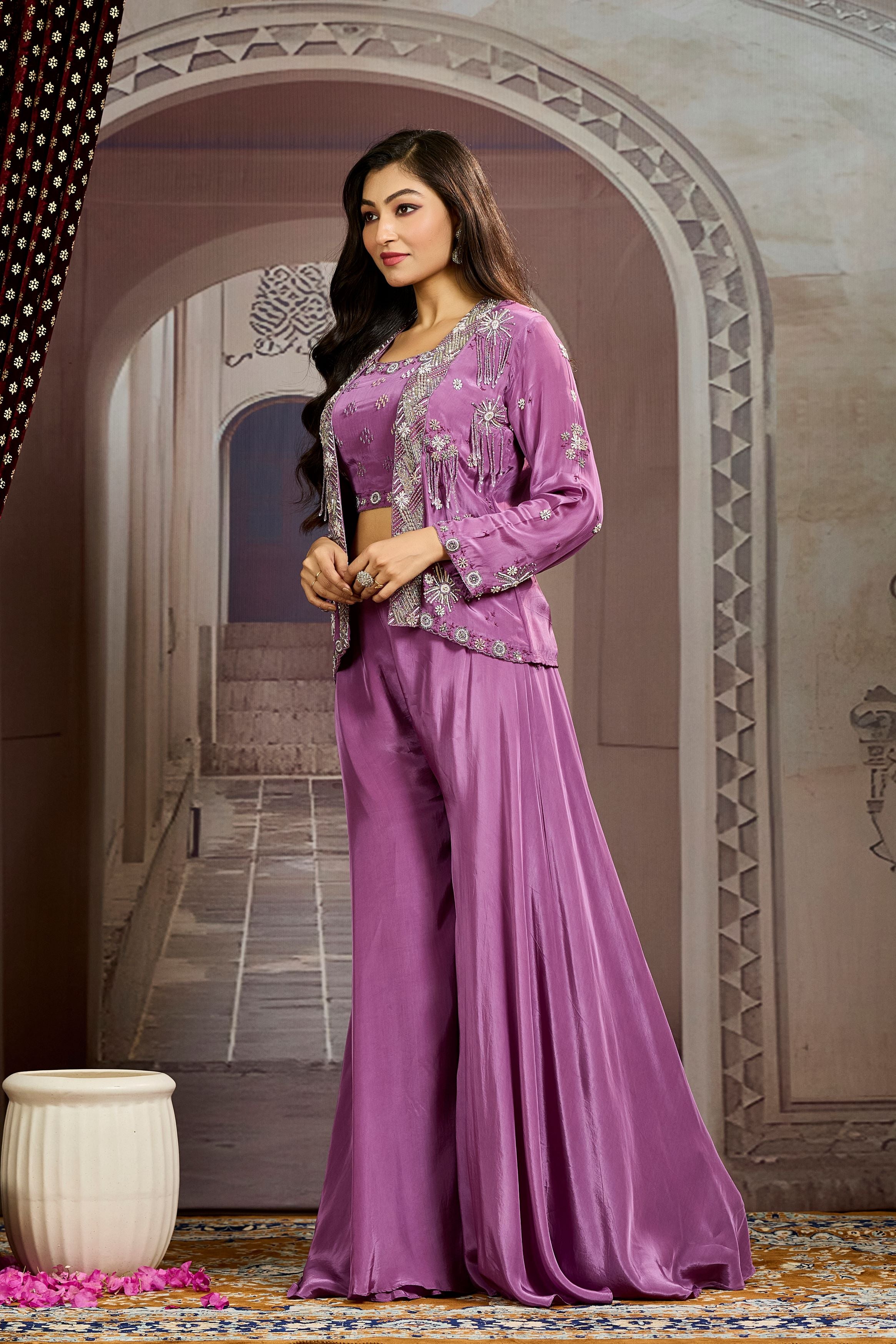 Bright Purple Embellished Chinon Silk Jacket Sharara Set