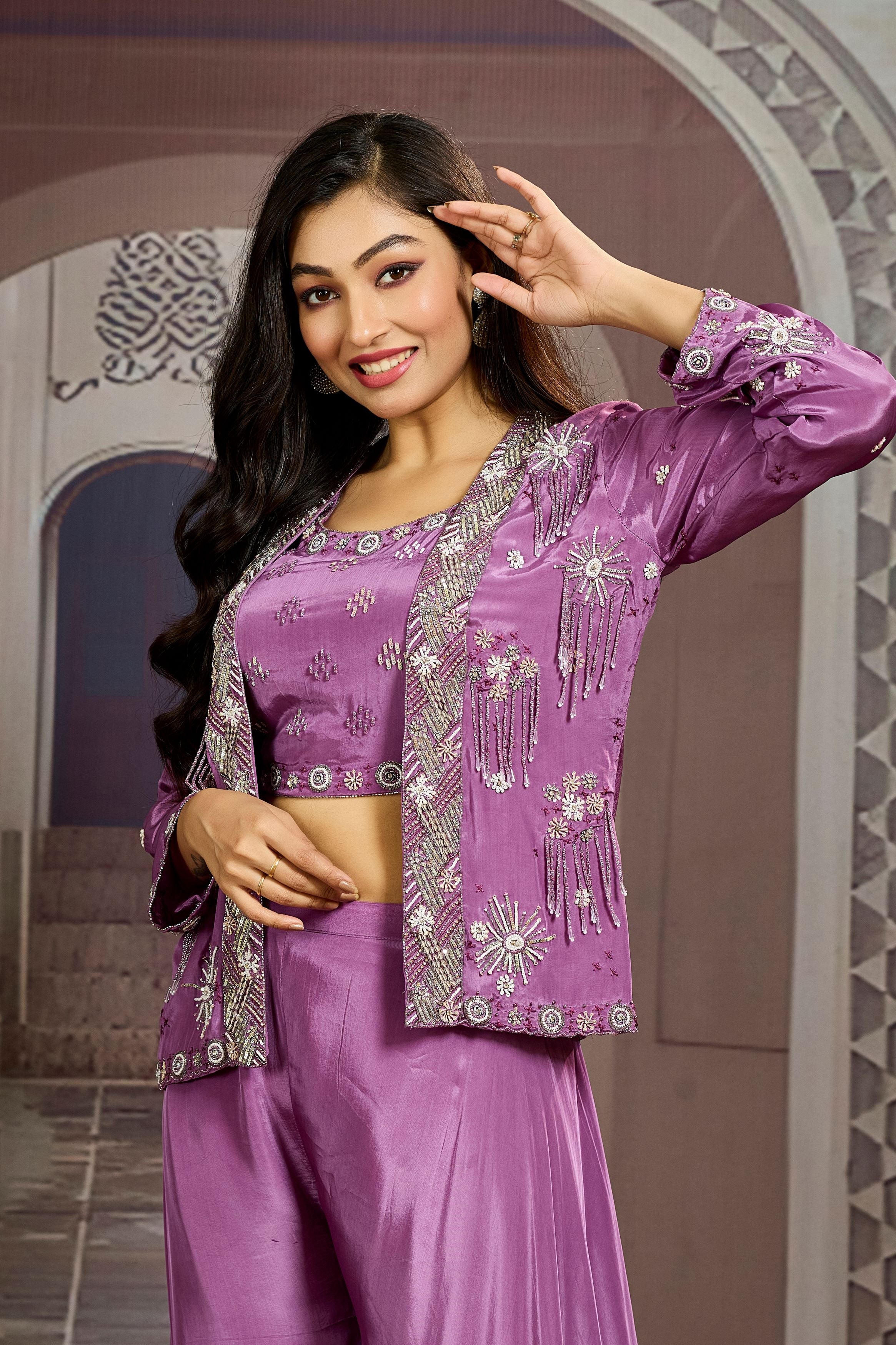 Bright Purple Embellished Chinon Silk Jacket Sharara Set