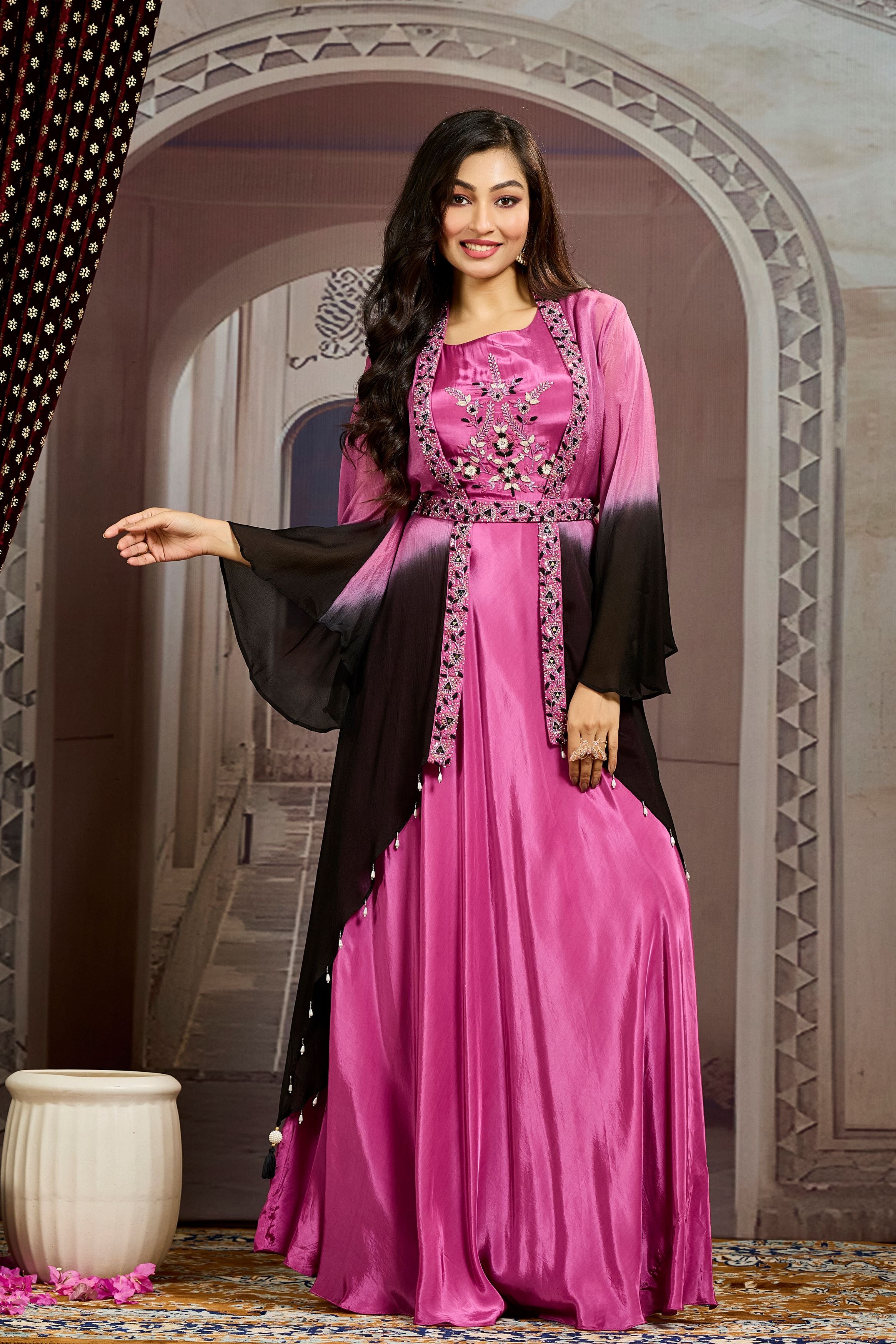 Glam Pink Ombre-Dyed Chinon Silk Cape Gown